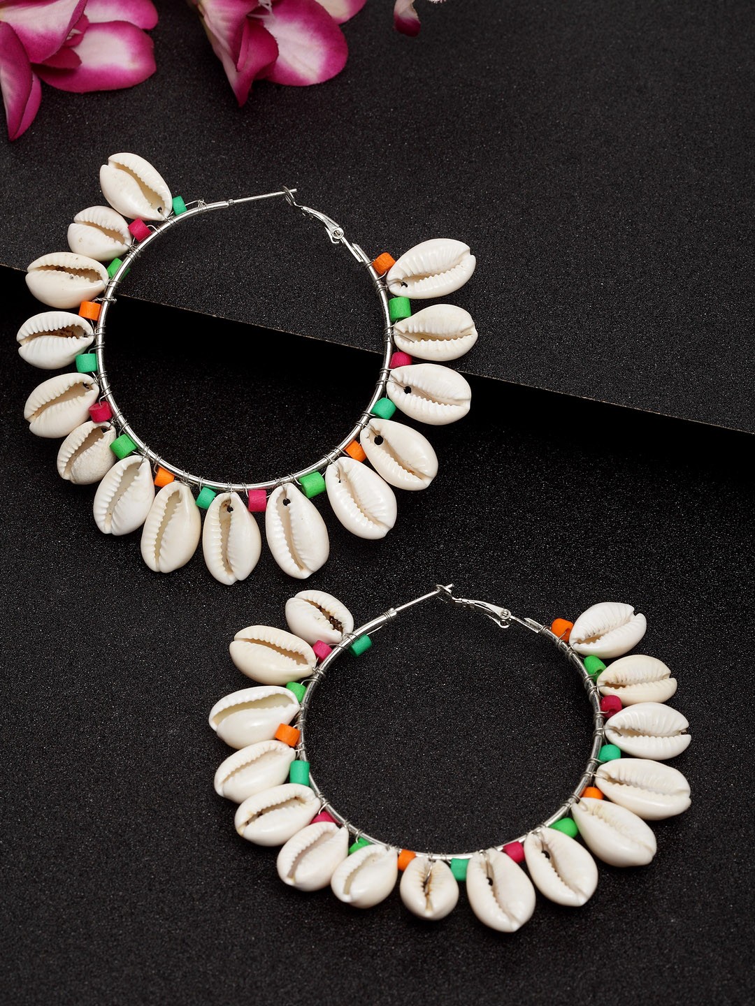 

Moedbuille White & Silver-Plated Handcrafted Bohemian Hoop Earrings