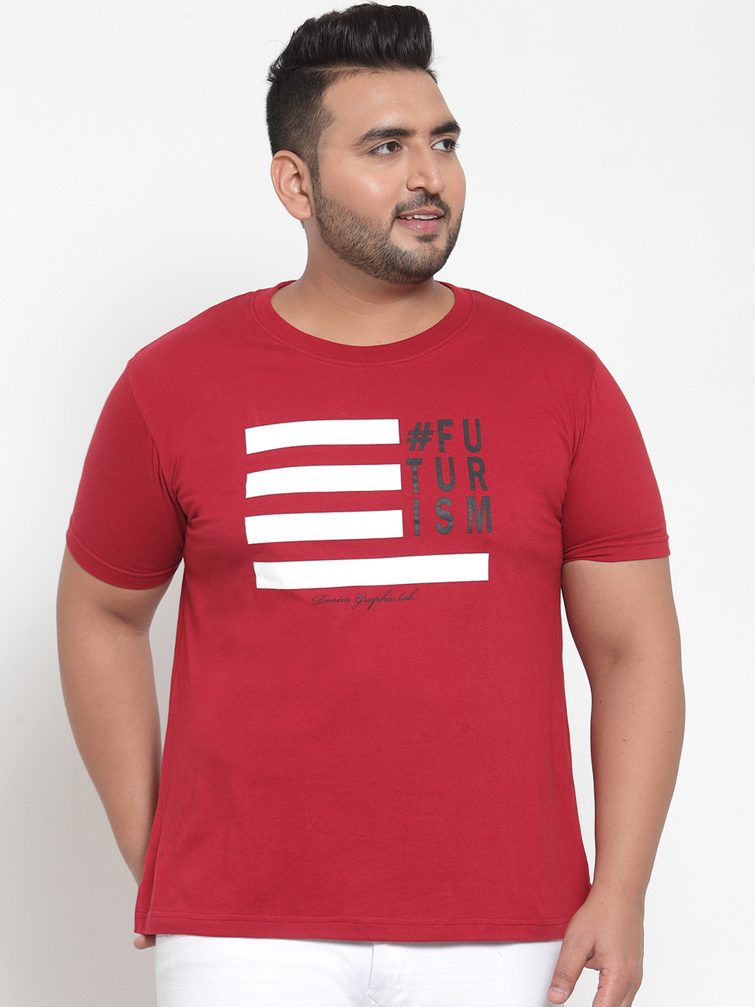 

plusS Men Maroon Printed Round Neck Pure Cotton T-shirt