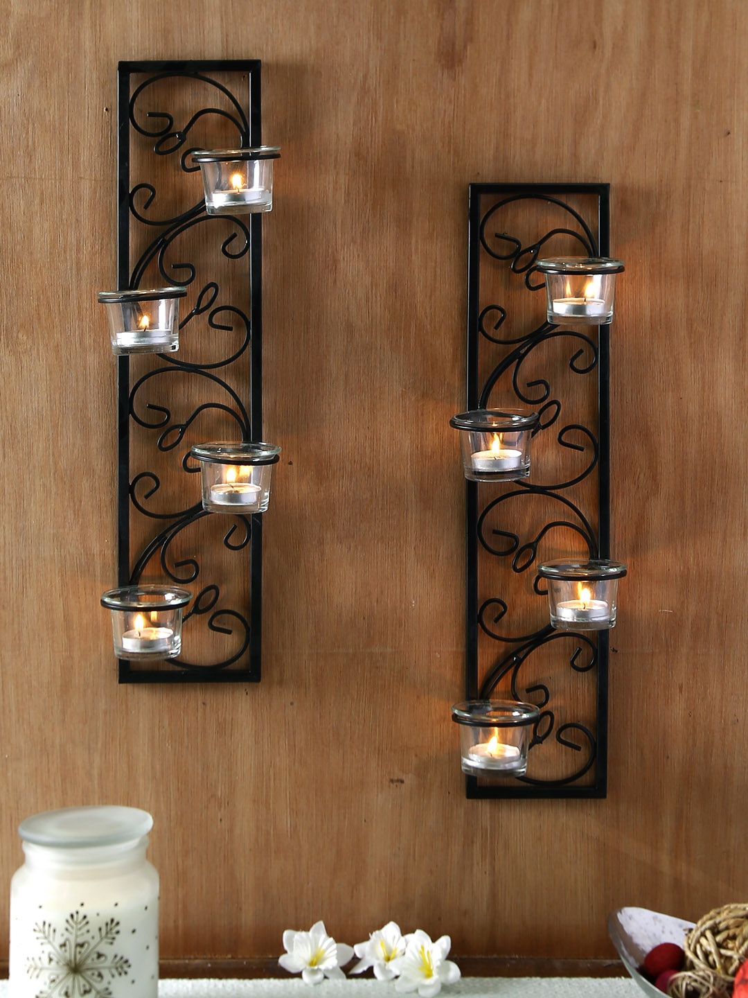 

HOSLEY Set of 2 Black & Transparent Wall Tea Light Candle Holders