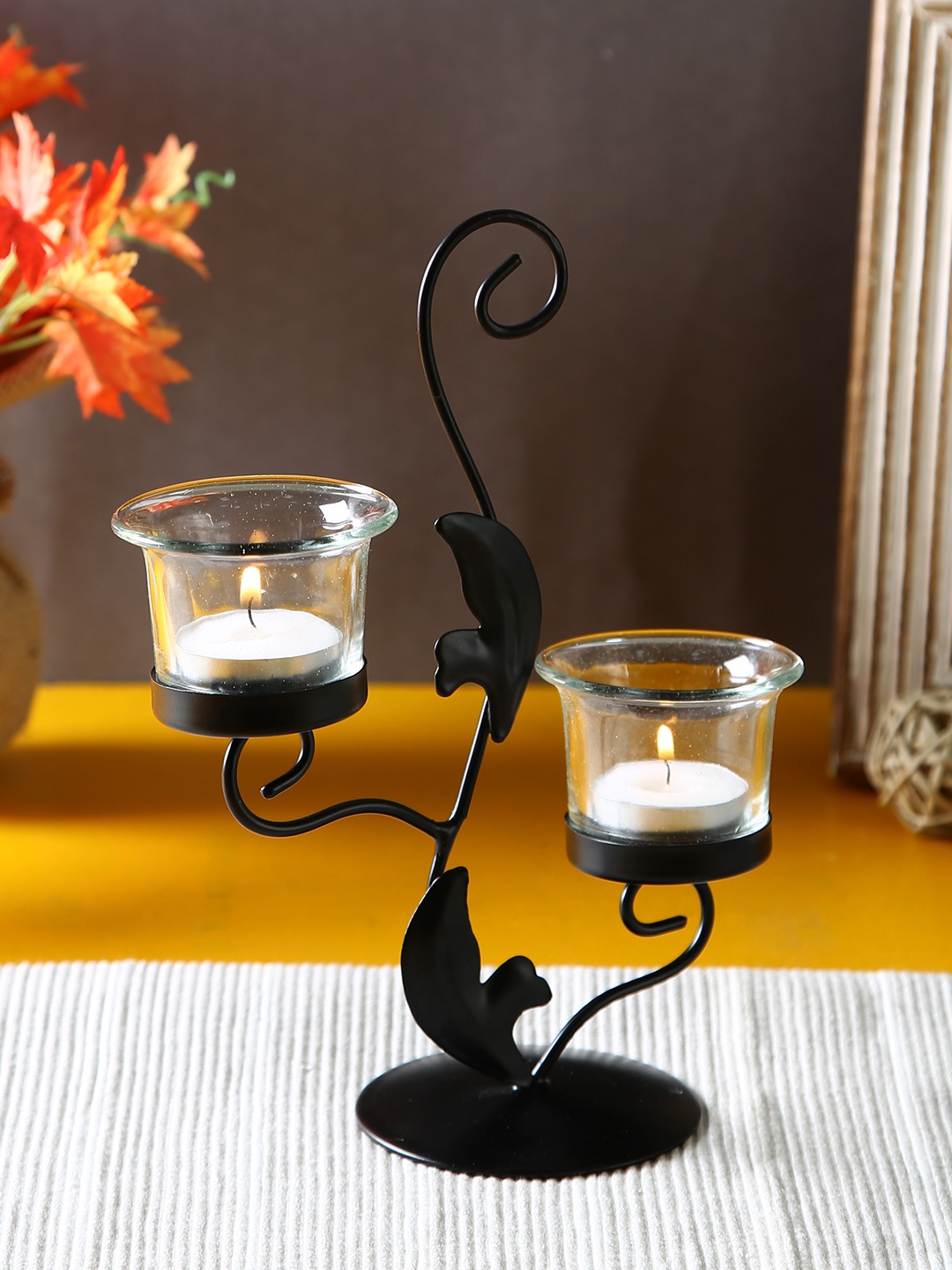 HOSLEY Black & Transparent Table Candle Holder With Tea Lights