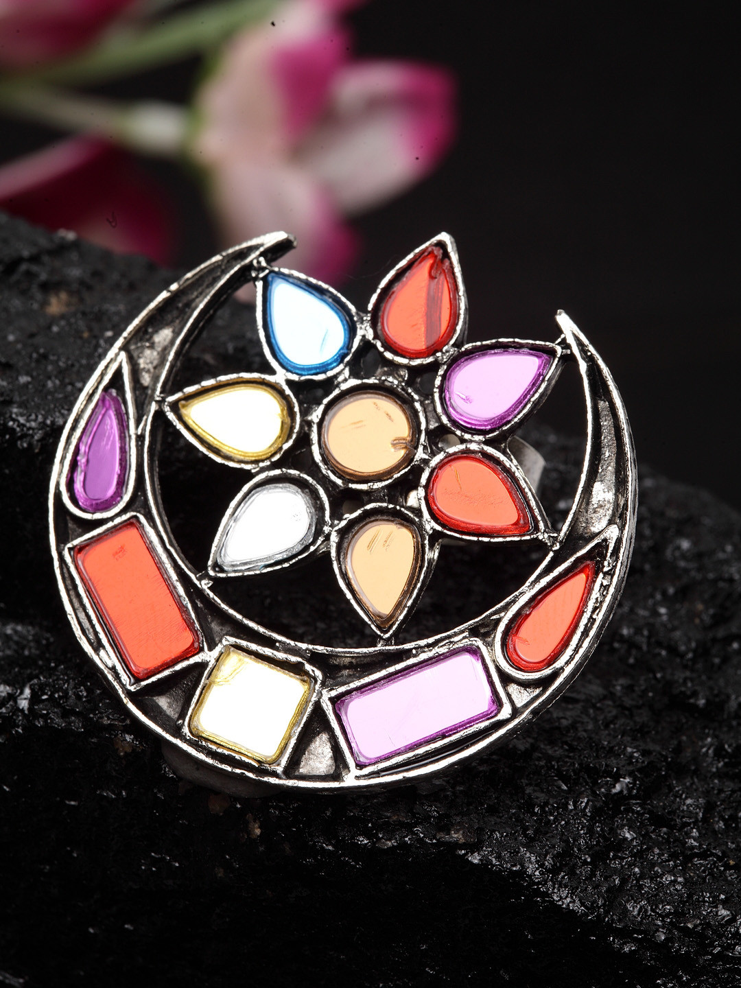 

Moedbuille Women Multicoloured Silver-Plated Adjustable Afghan Finger Ring, Multi