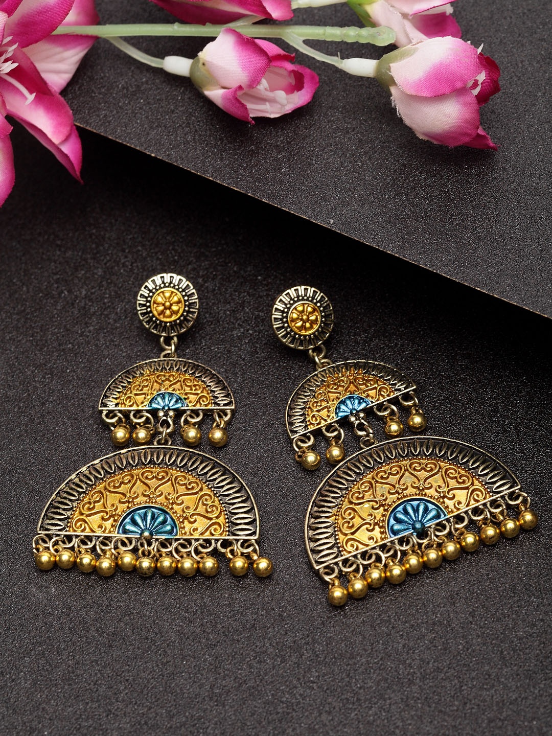 

Moedbuille Gold-Plated & Blue Geometric Hand-Painted Meenakari Drop Earrings