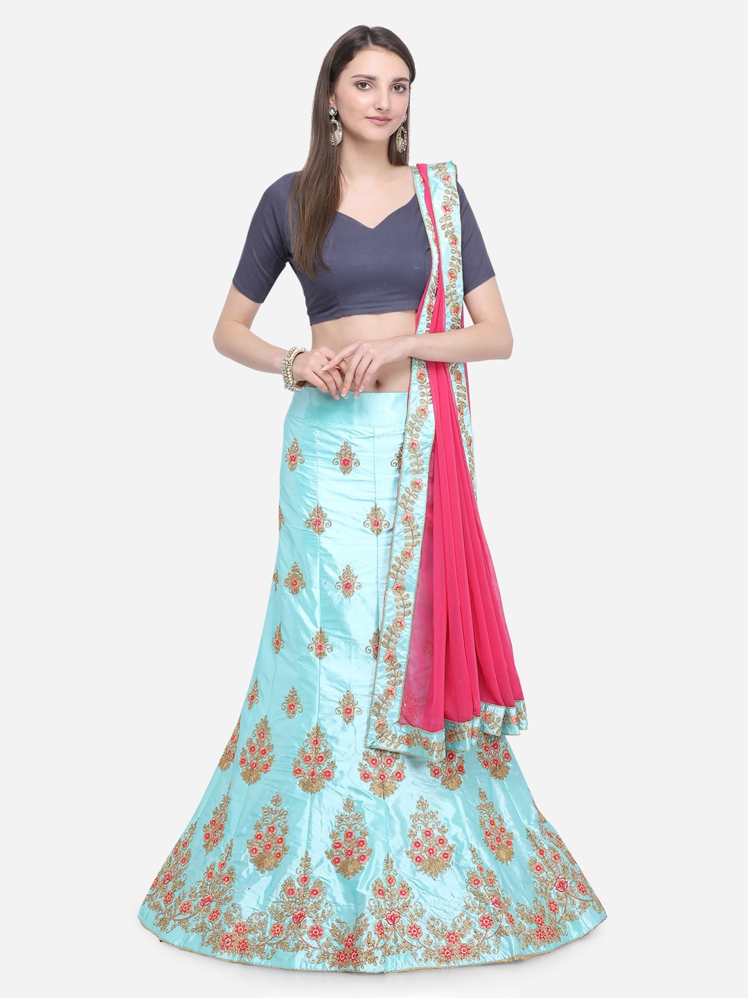 

MOKSHA DESIGNS Blue & Pink Embroidered Semi-Stitched Lehenga & Unstitched Blouse with Dupatta