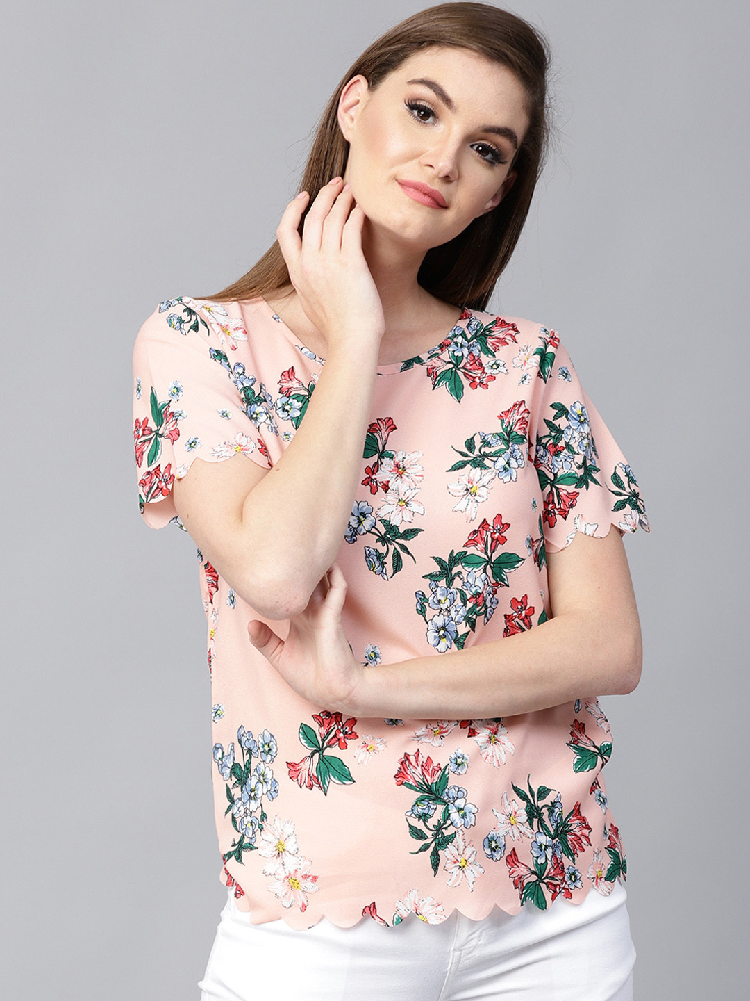 

Pannkh Women Peach-Coloured Floral Printed Top