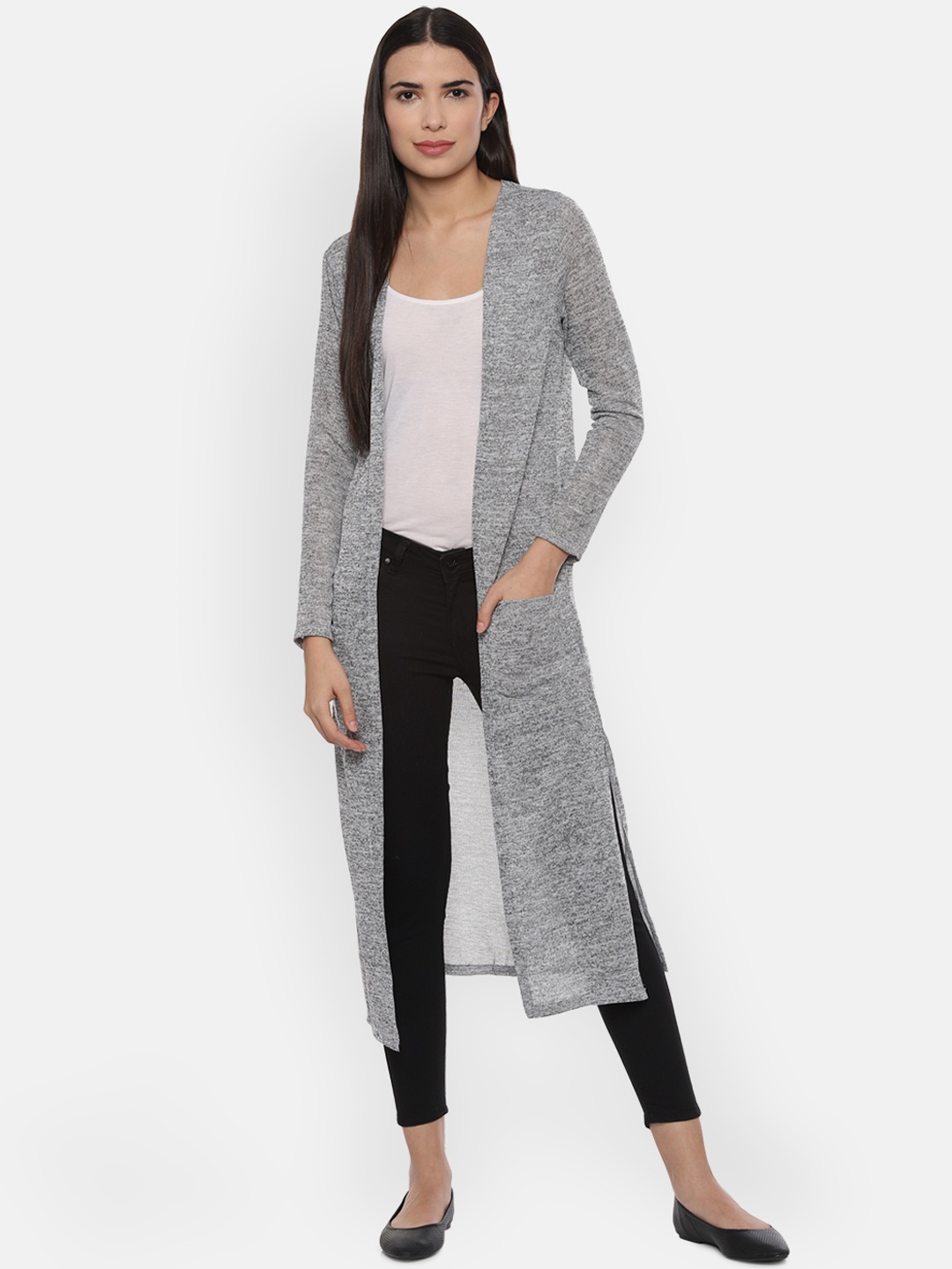 

People Women Grey Solid Open Front Longline Shrug