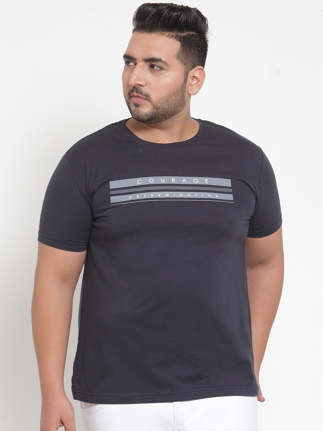

plusS Men Navy Blue Printed Round Neck Pure Cotton T-shirt