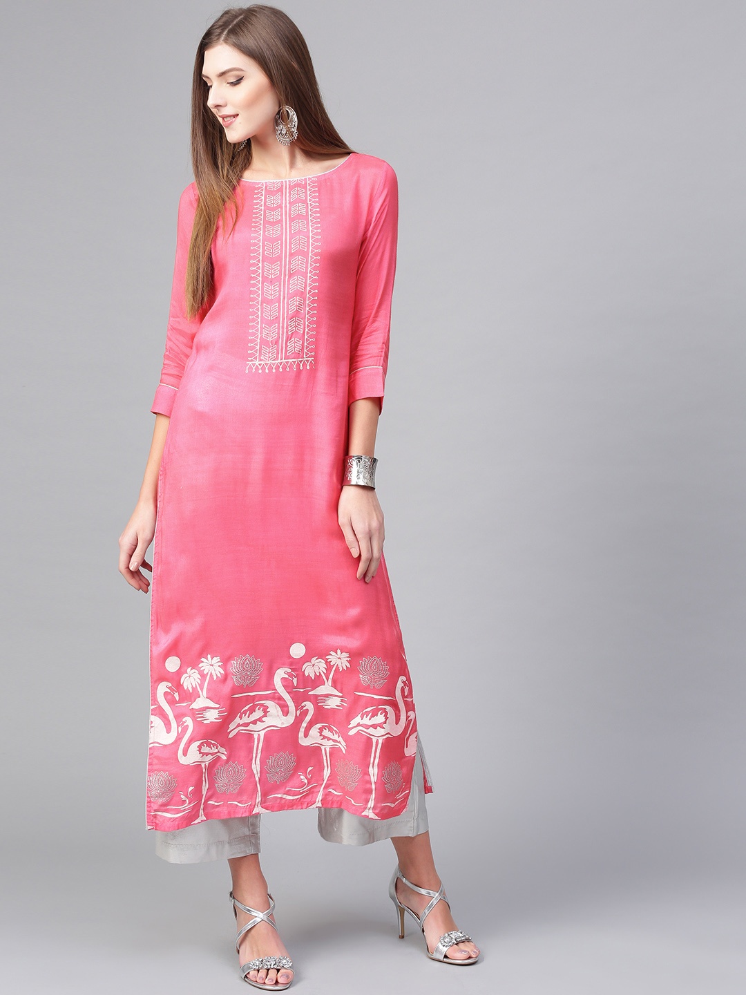 Pannkh Women Pink Printed Shantoon Straight Kurta