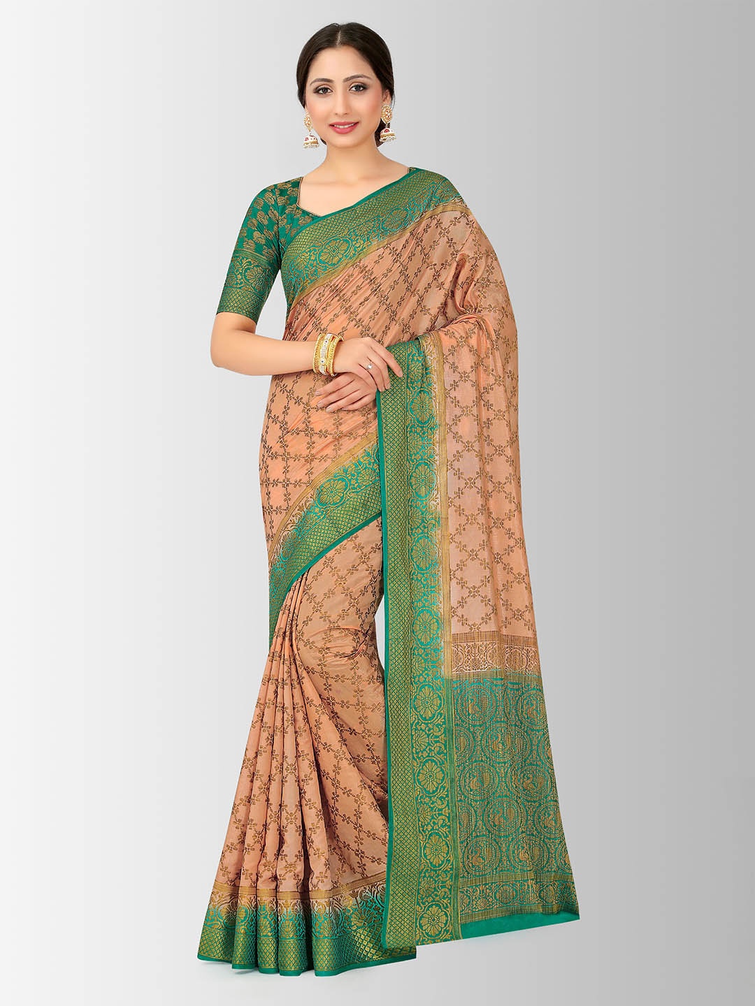 

MIMOSA Peach-Coloured & Green Art Silk Woven Design Patola Saree
