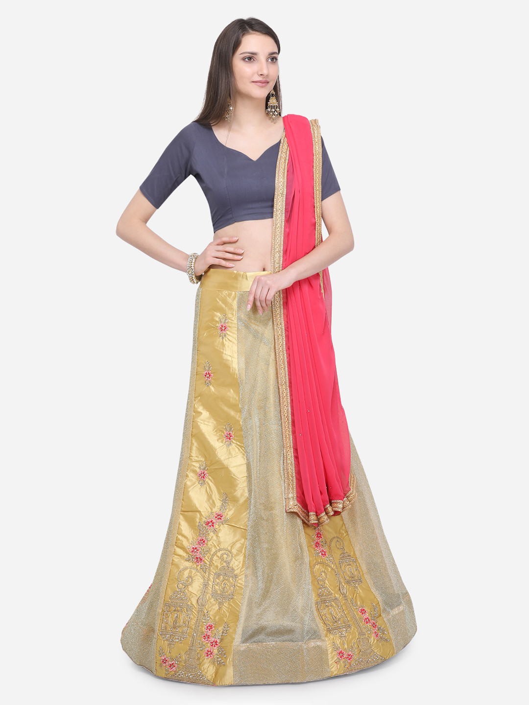 

MOKSHA DESIGNS Beige & Gold-Toned Embroidered Ready to Wear Lehenga & Unstitched Blouse with Dupatta