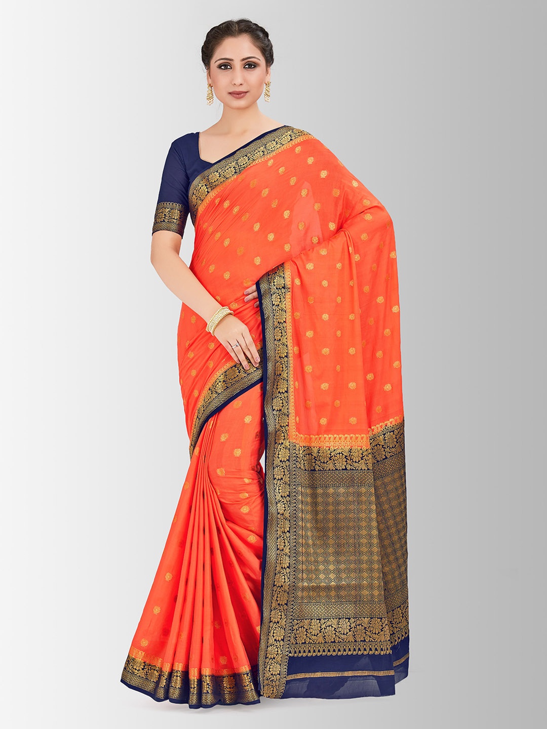 

MIMOSA Orange & Navy Blue Poly Crepe Woven Design Mysore Silk Saree