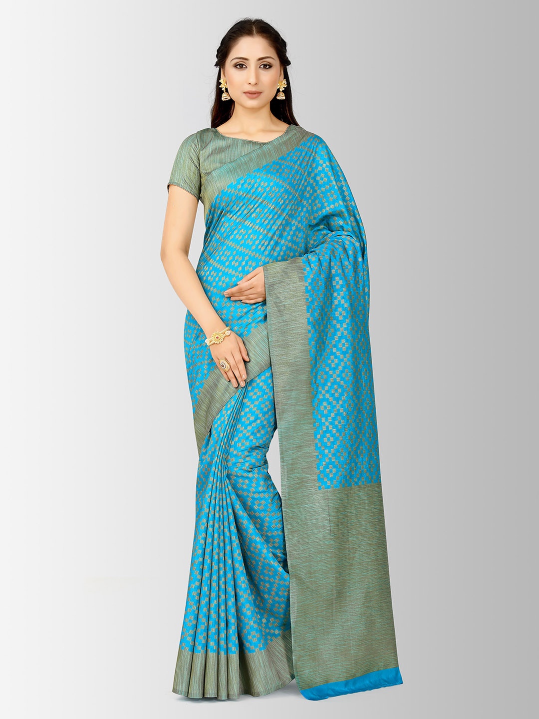 

MIMOSA Turquoise Blue Art Silk Checked Patola Saree