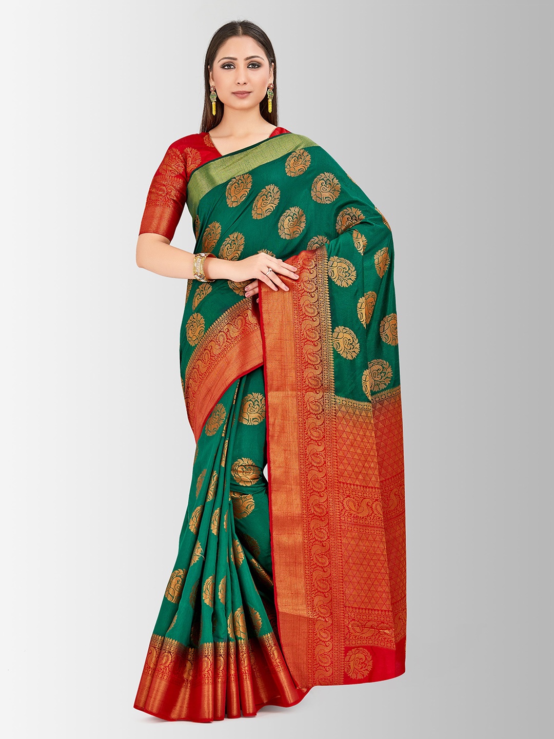 

MIMOSA Green & Red Art Silk Woven Design Kanjeevaram Saree