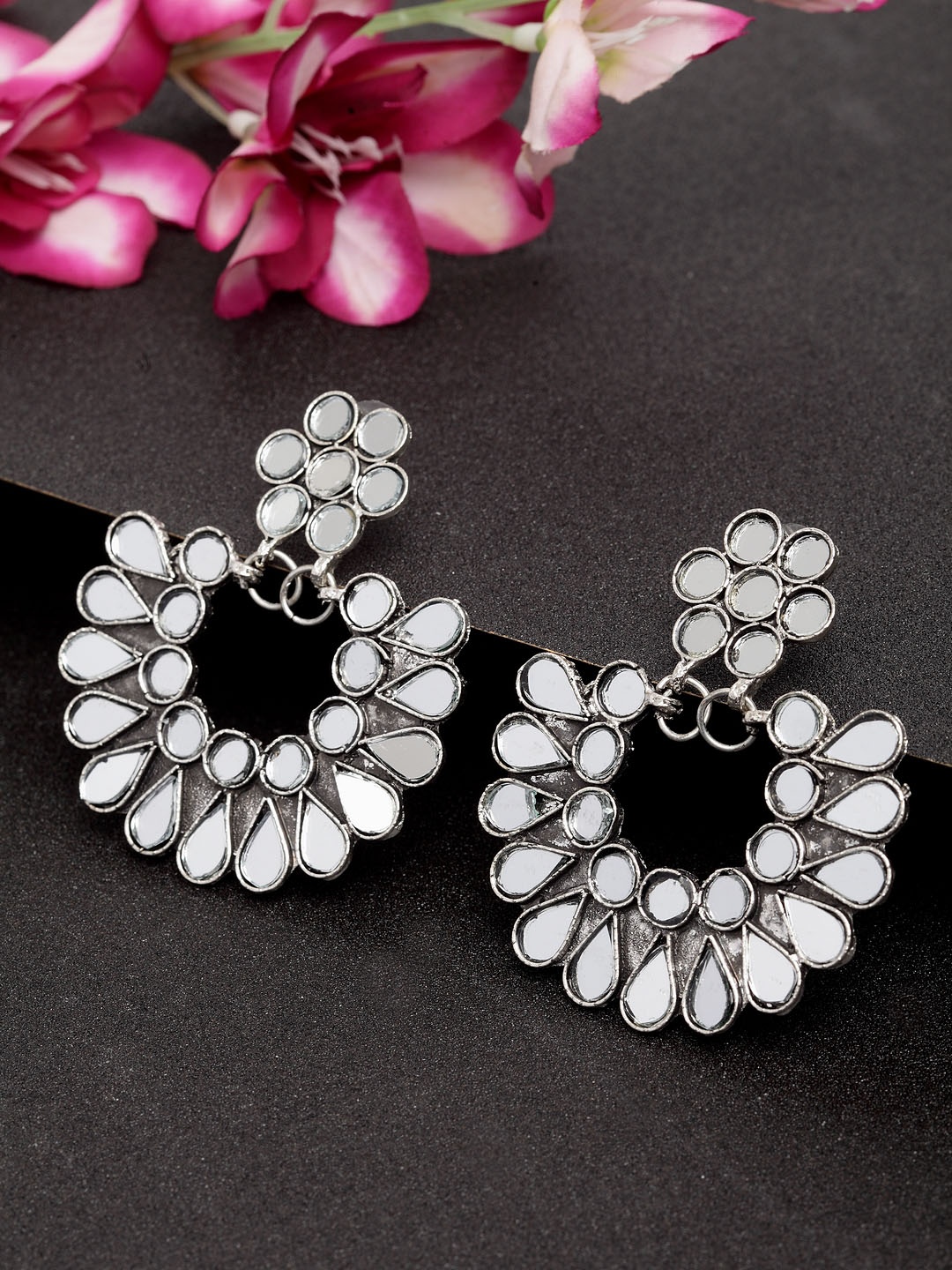 

Moedbuille Silver-Plated Crescent Shaped Handcrafted Mirrorwork Chandbalis
