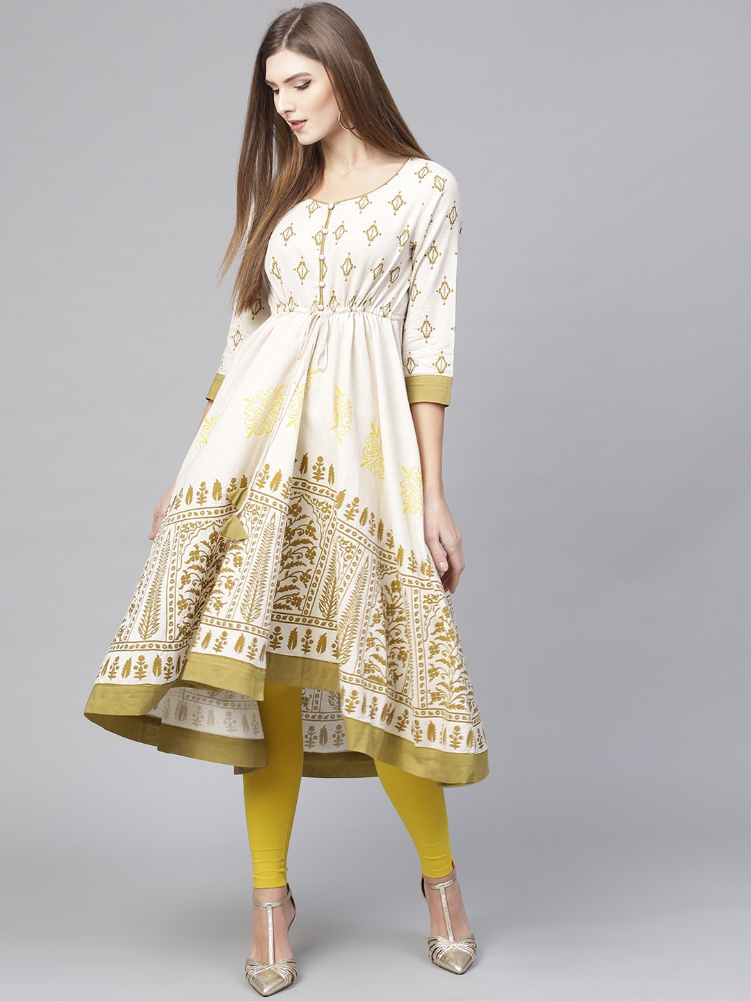 

Pannkh Women Off-White & Green Printed Anarkali Kurta