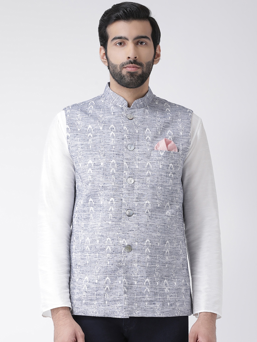 

KISAH Men Blue & White Woven Design Pure Cotton Nehru Jacket