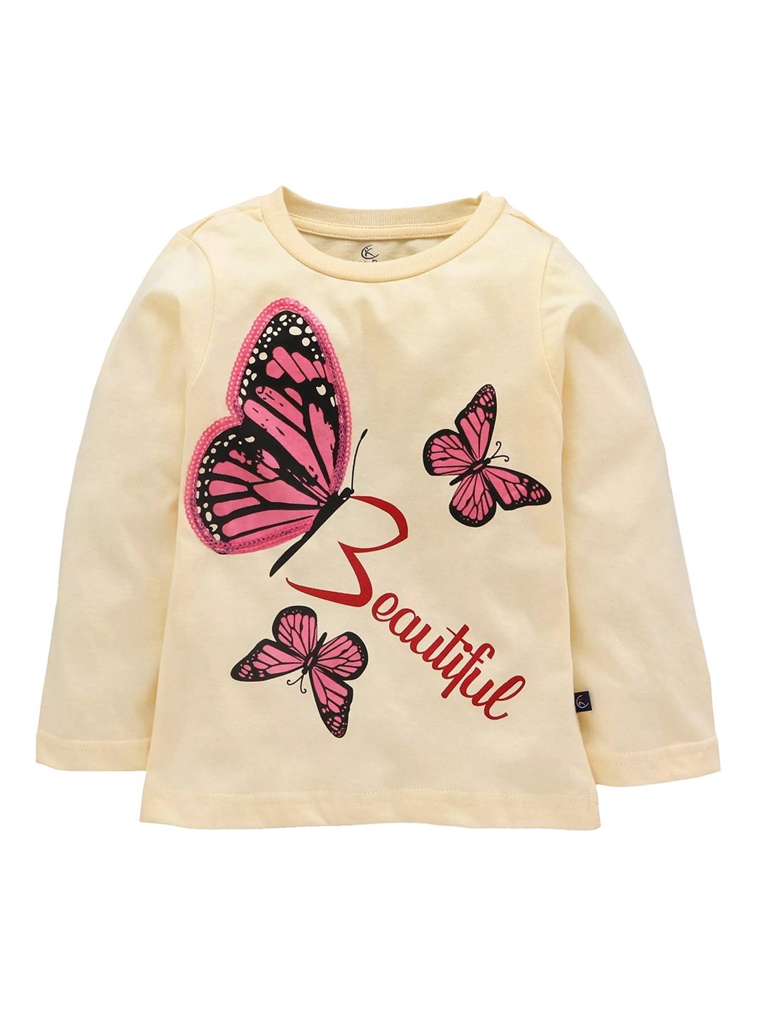 

KiddoPanti Girls Yellow Printed Round Neck Pure Cotton T-shirt