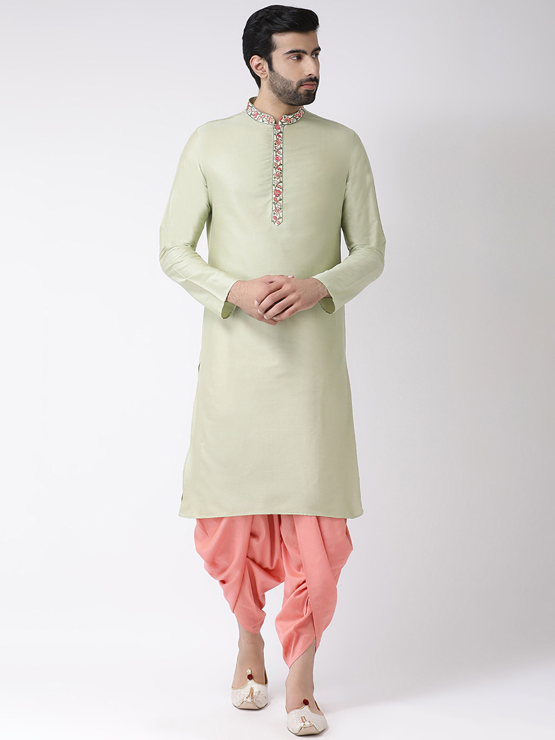 

KISAH Men Solid Regular Fit Thread Work Kurta Dhoti Set, Green
