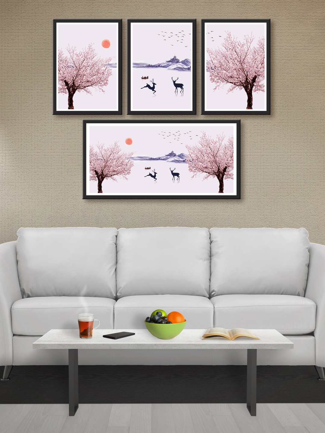 

999Store Set of 4 White & Pink Printed MDF Wall Art