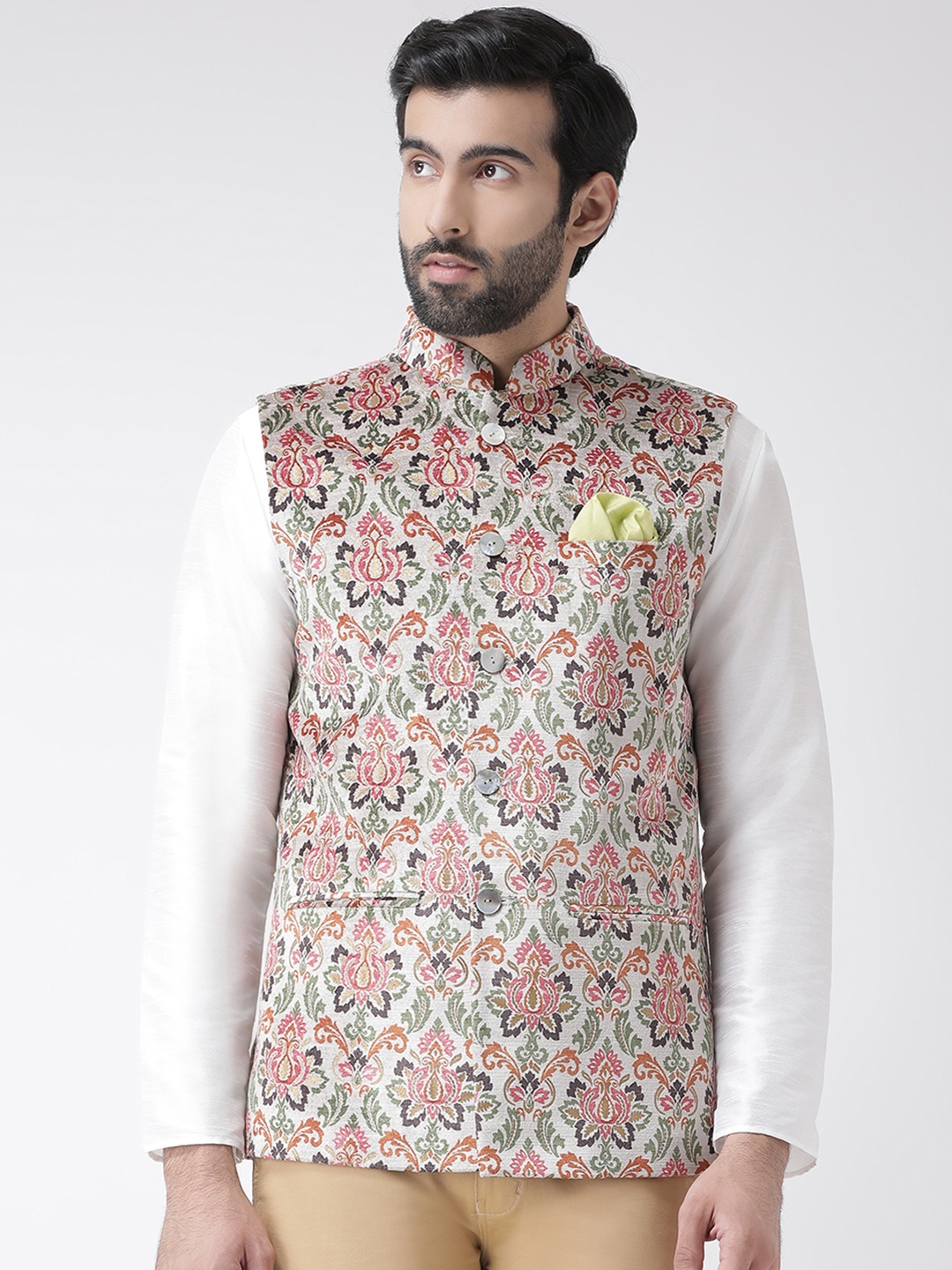 

KISAH Men Taupe & Red Printed Nehru Jacket
