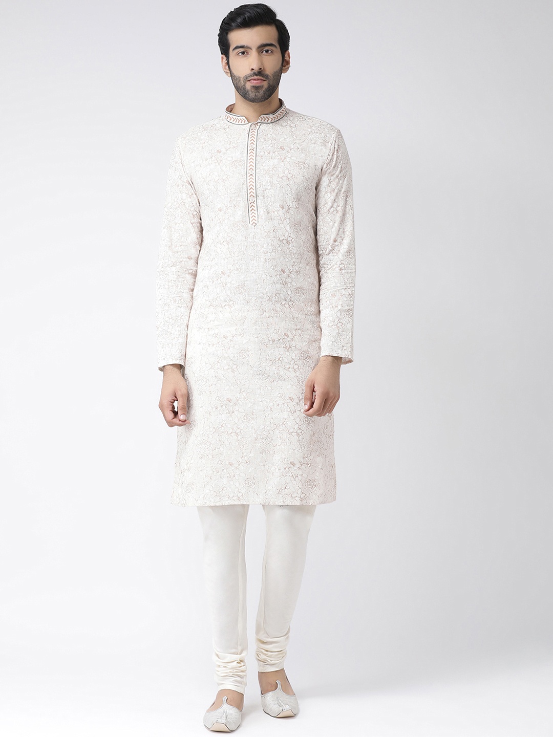

KISAH Men Cream-Coloured & Beige Floral Printed Handloom Straight Kurta