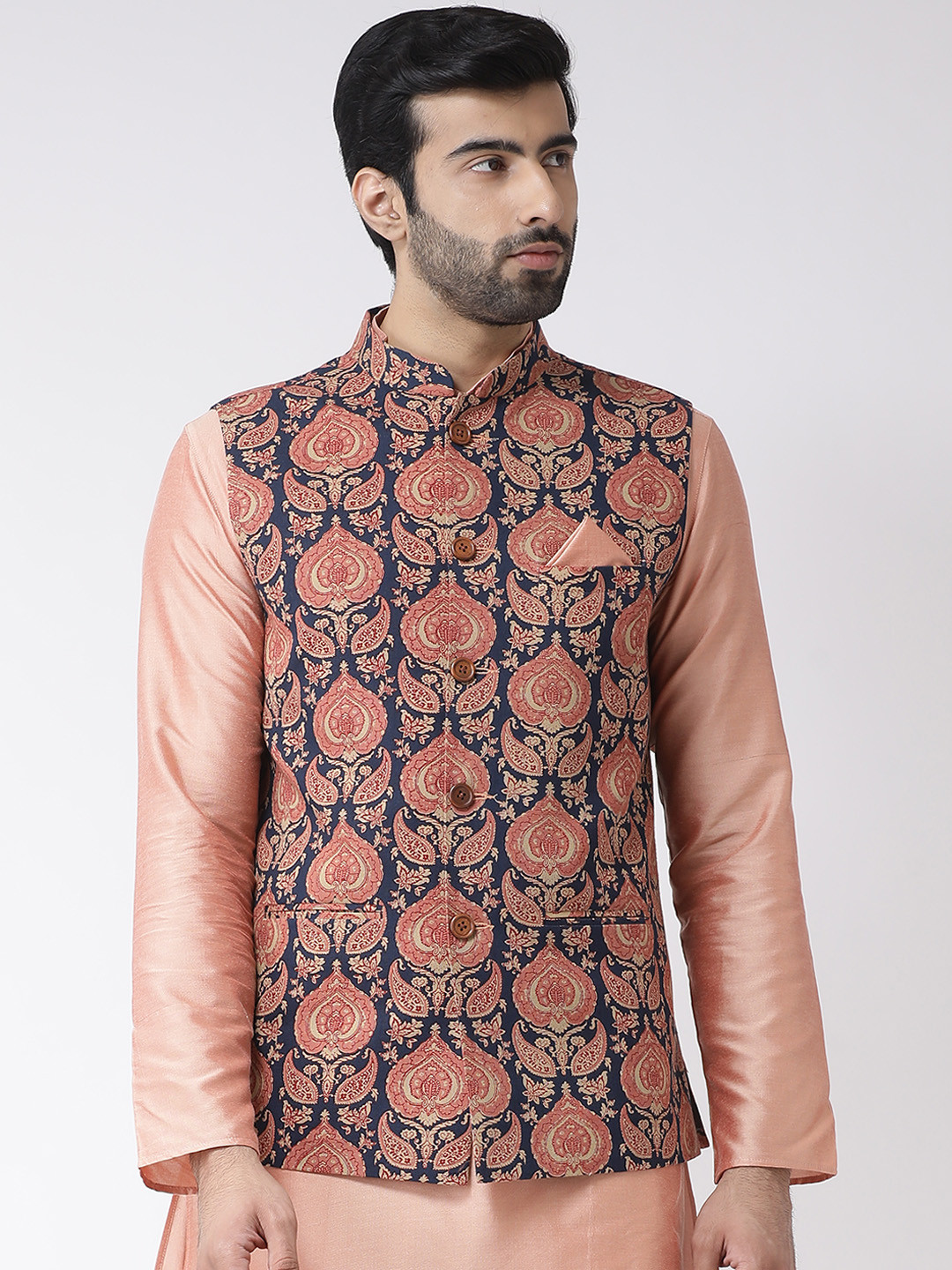 

KISAH Men Navy Blue & Peach-Coloured Printed Nehru Jacket
