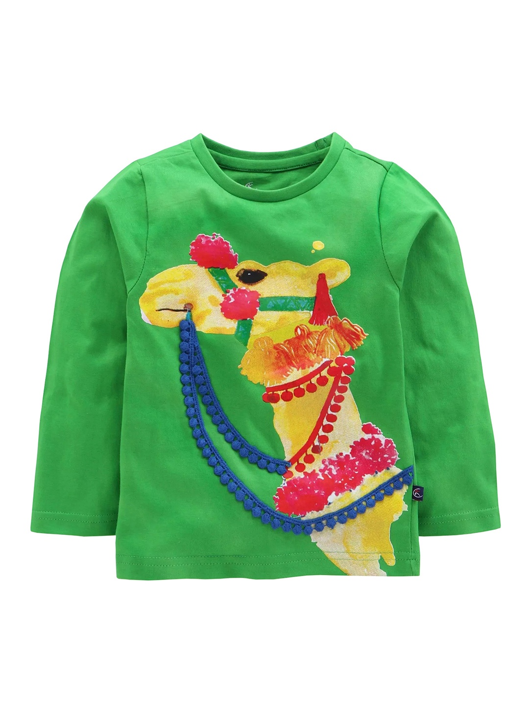

KiddoPanti Girls Green Yellow Printed Round Neck Pure Cotton T-shirt