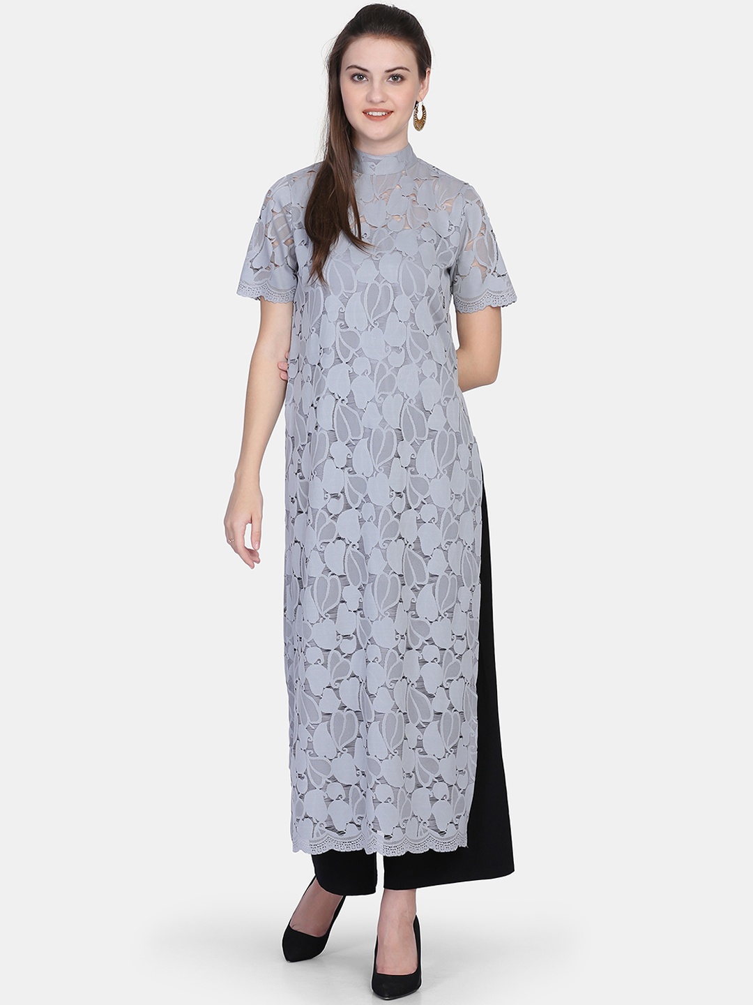 

Ojjasvi Women Grey Woven Design Straight Kurta
