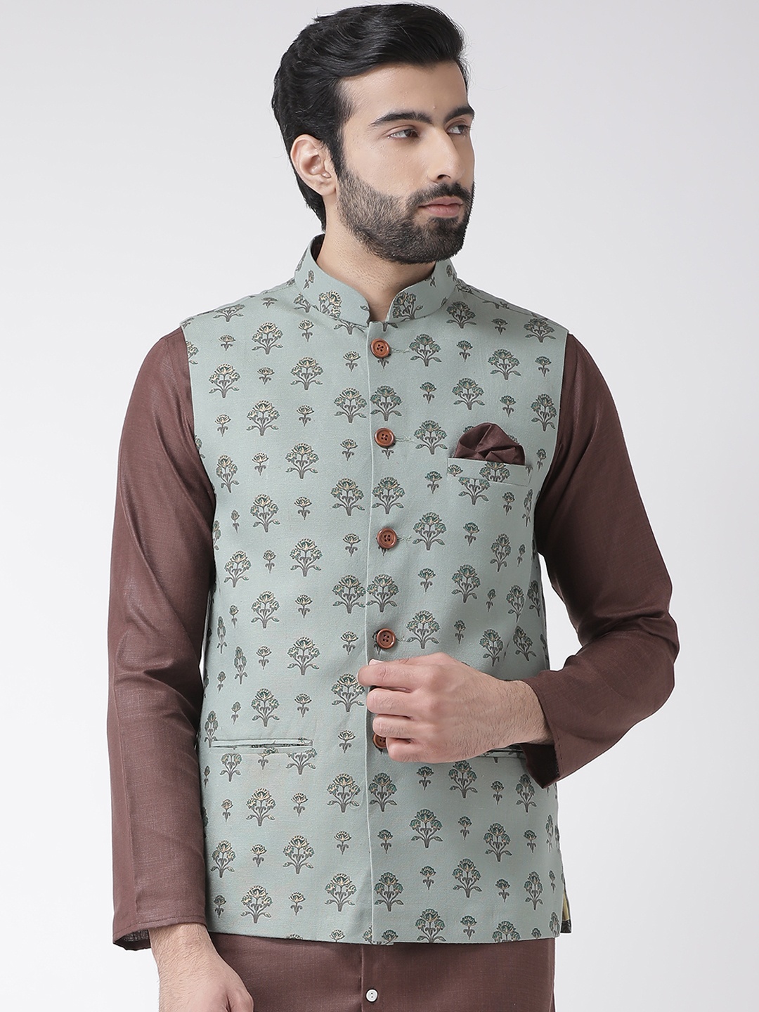 KISAH Men Green Printed Nehru Jacket