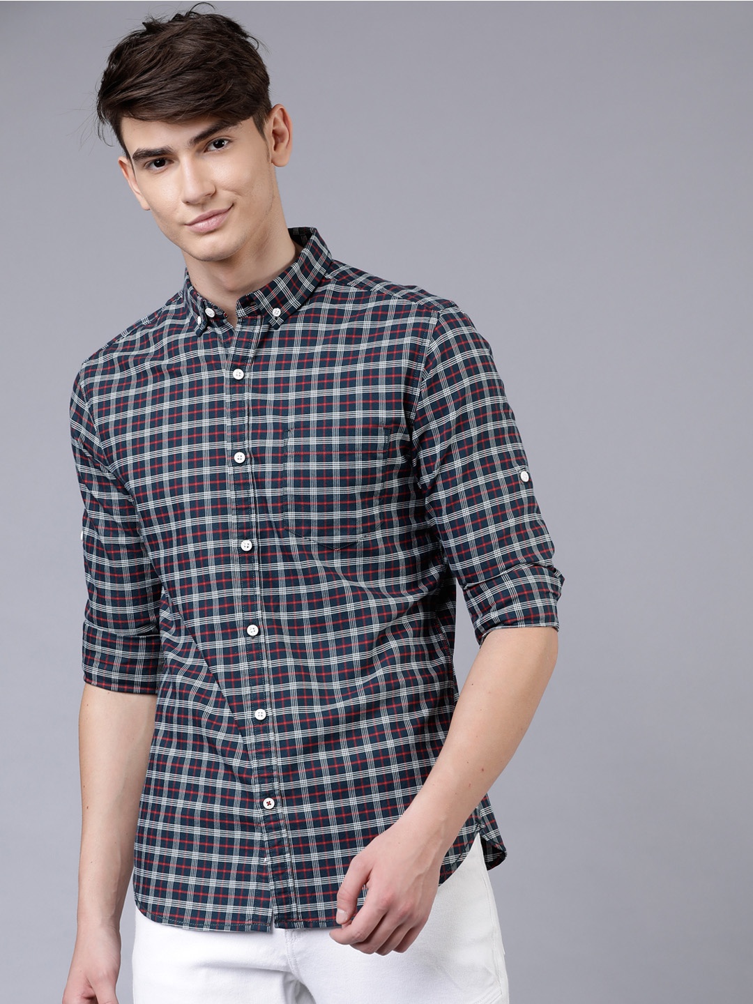 

LOCOMOTIVE Men Navy Blue & White Slim Fit Checked Casual Shirt