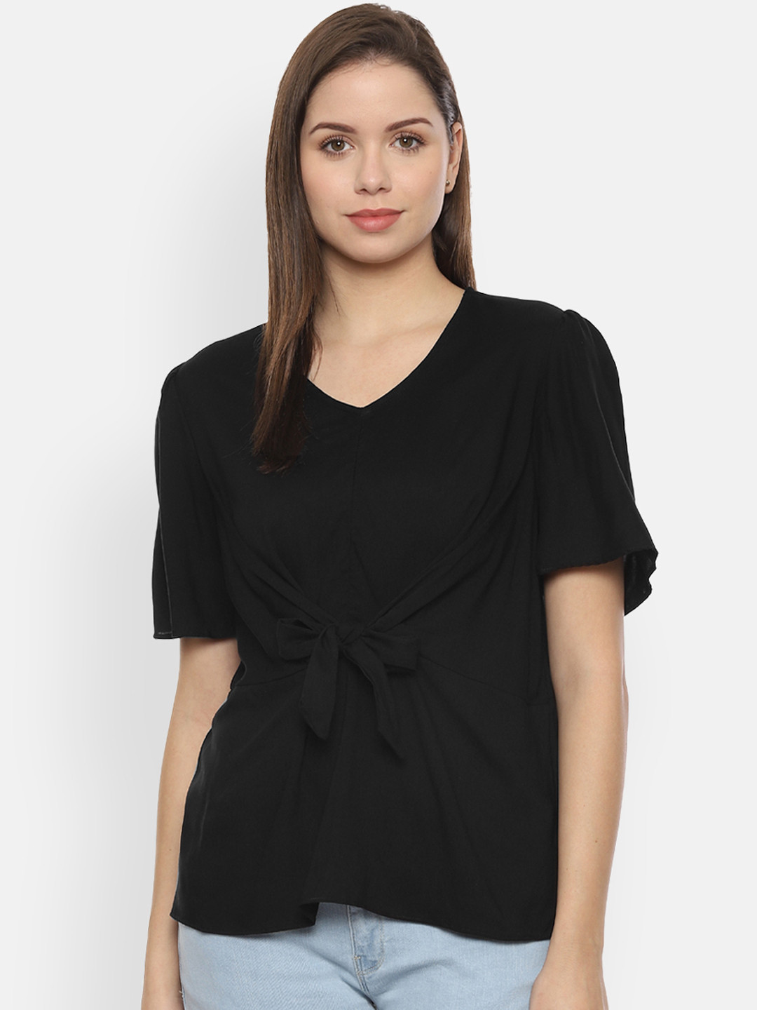 

Van Heusen Woman Black Solid Cinched Waist Top