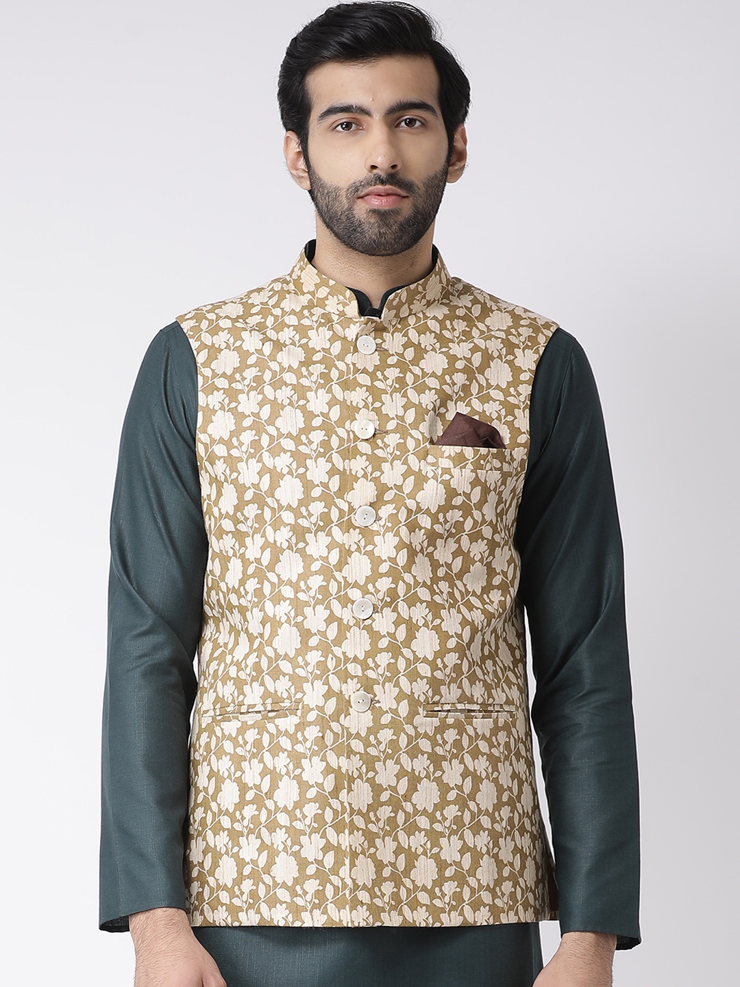 

KISAH Men Beige Printed Nehru Jacket