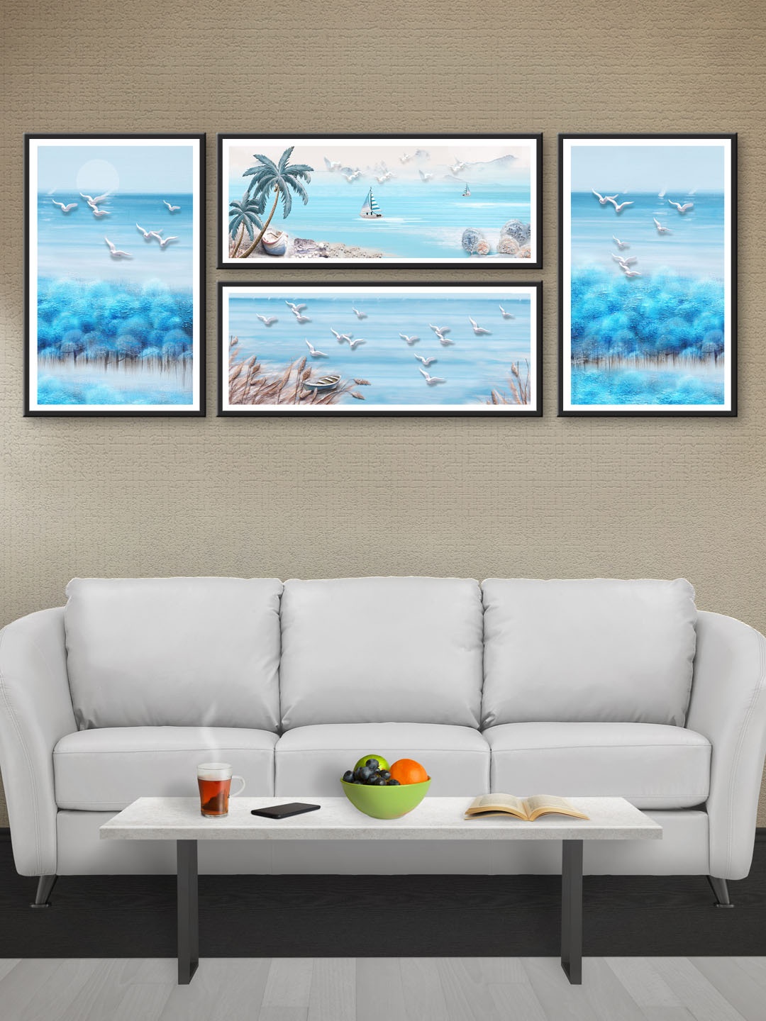 

999Store Set of 4 Blue & White Printed MDF Wall Art