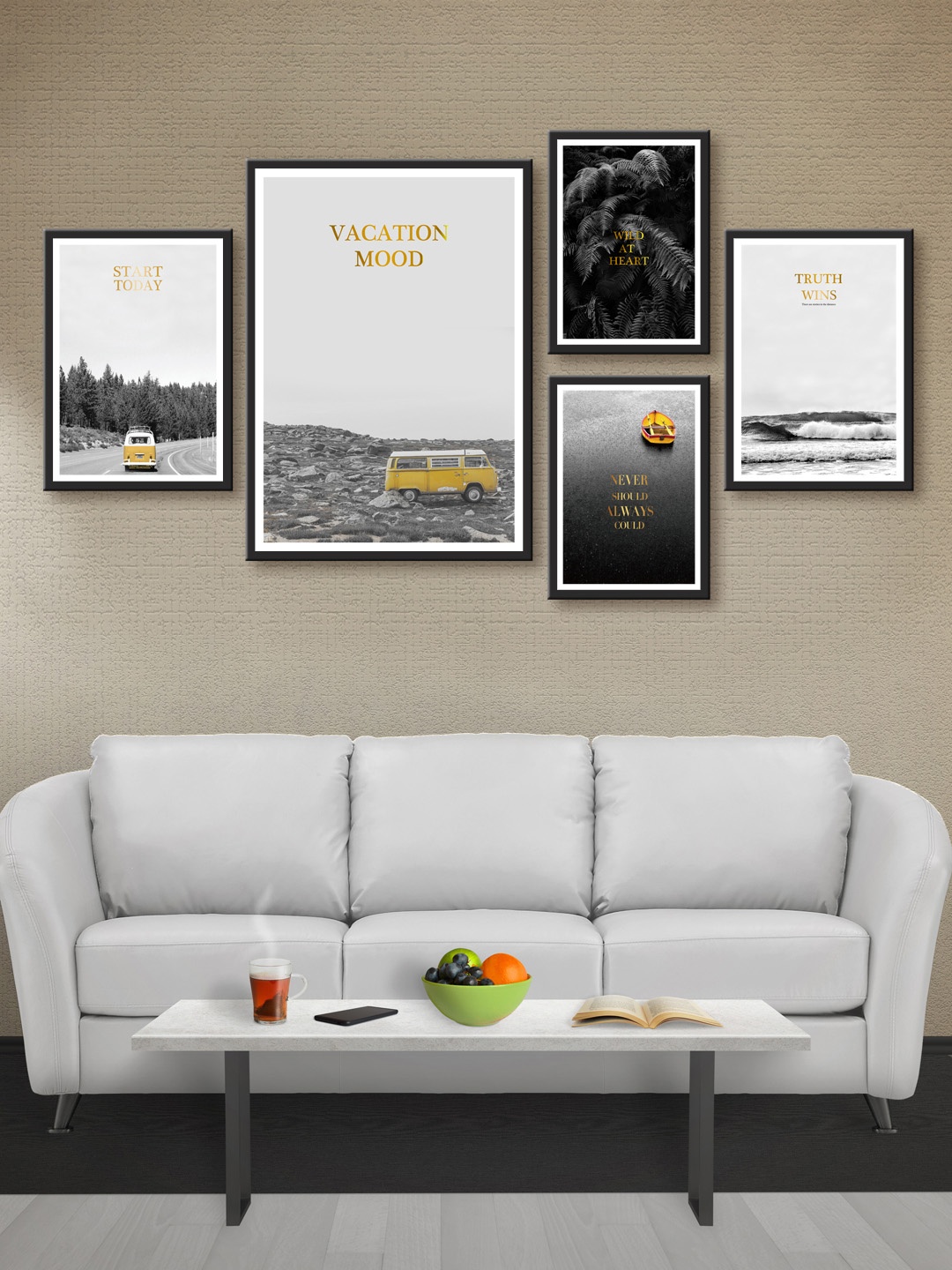 

999Store Set of 5 Grey & Yellow Printed MDF Wall Art