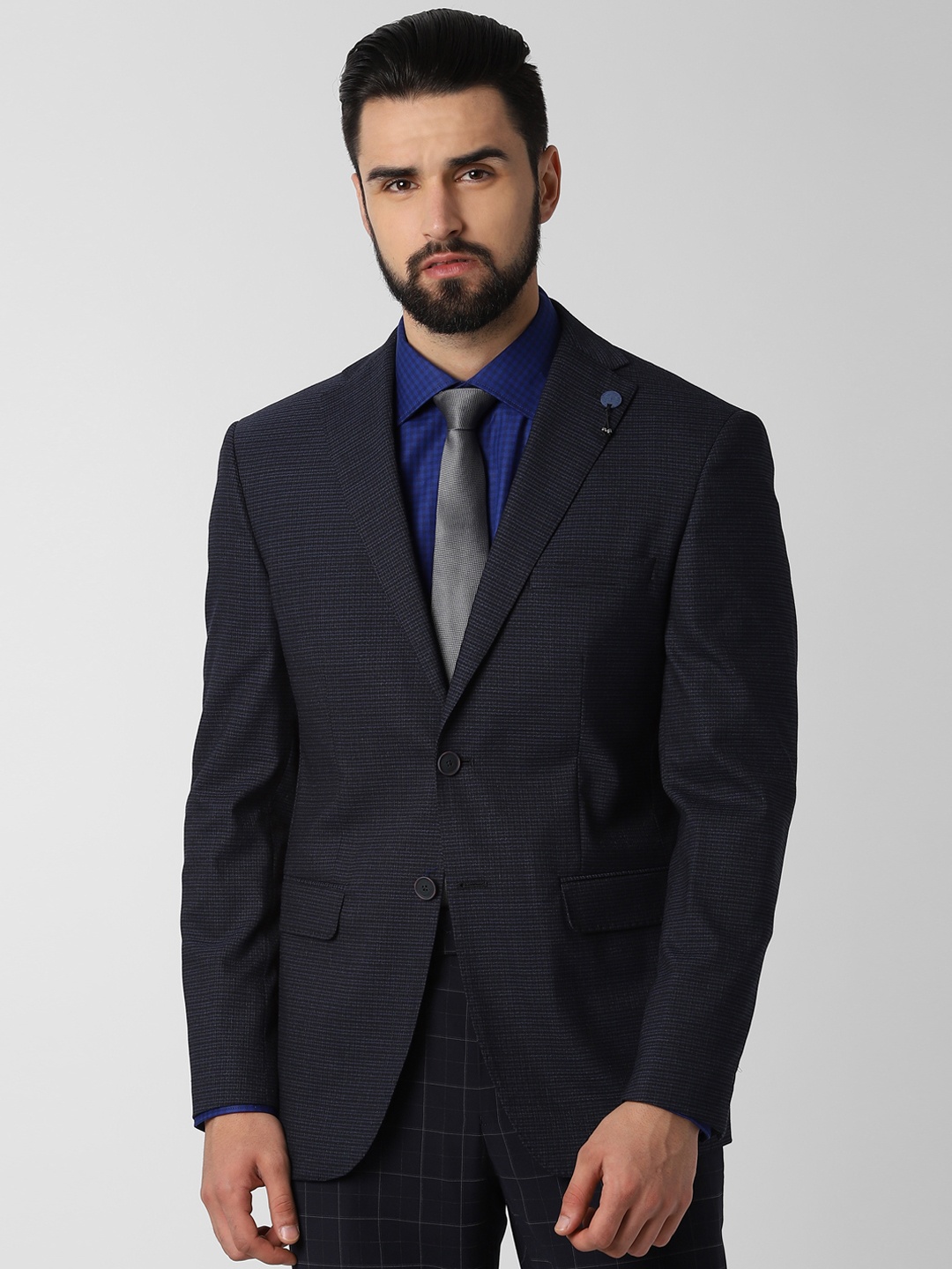 

Peter England Men Navy Blue Checked Slim Fit Single-Breasted Blazer