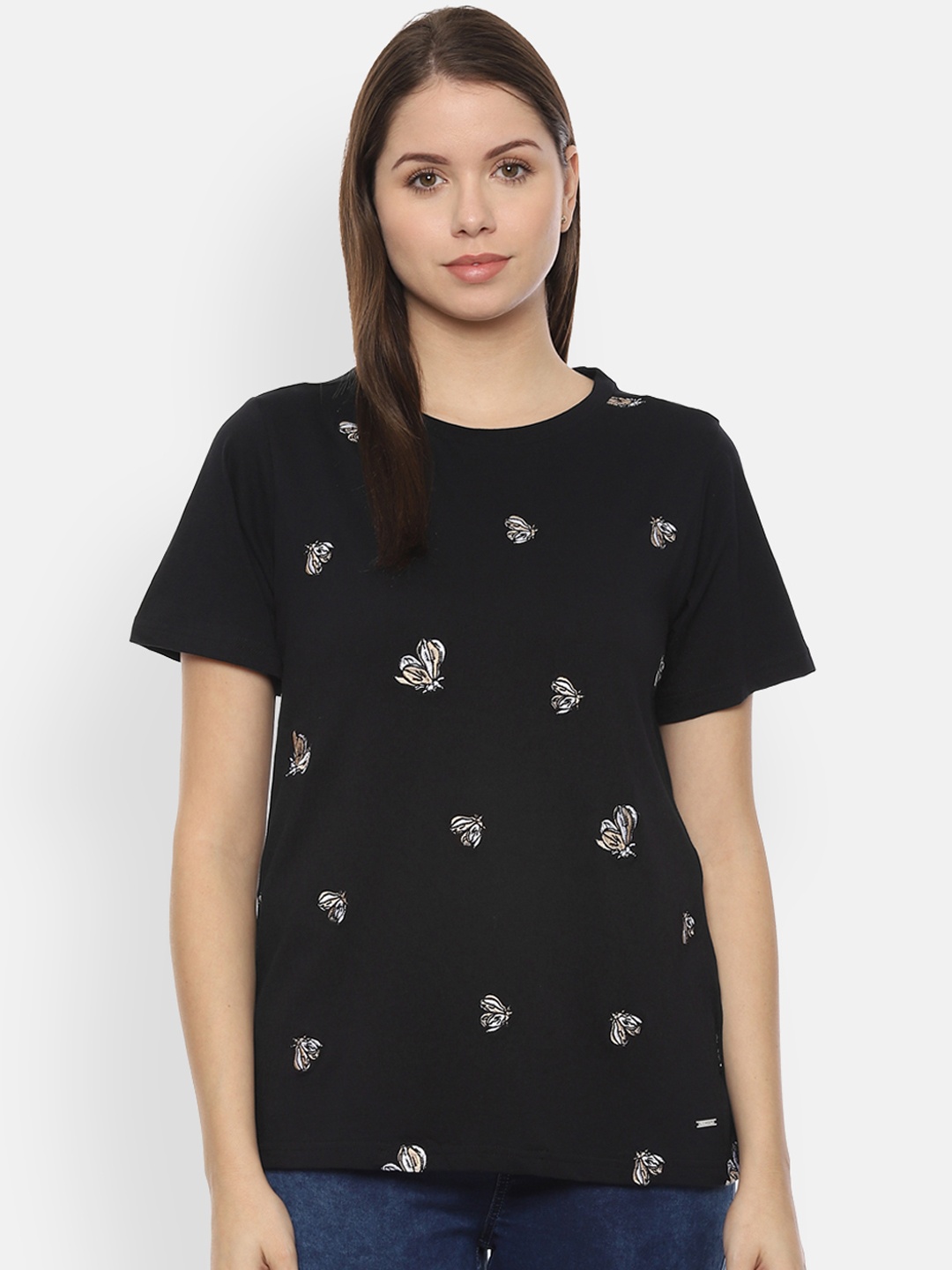 

Van Heusen Woman Black Embroidered Pure Cotton Top