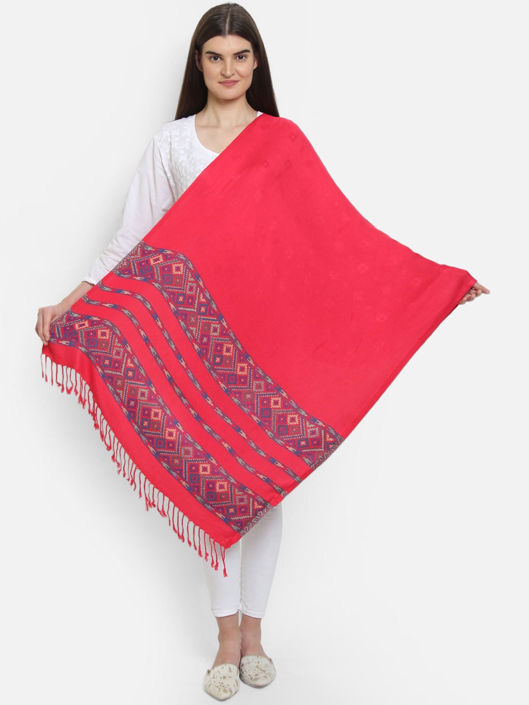 

Anekaant Women Pink & Blue Tribal Woven Design Shawl