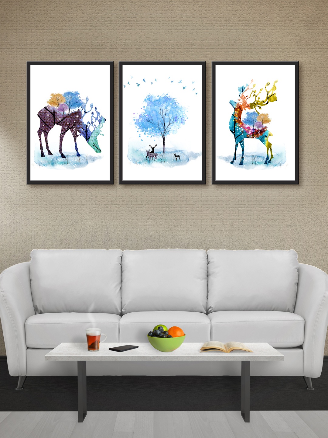 

999Store Set of 3 White & Blue Printed MDF Wall Art