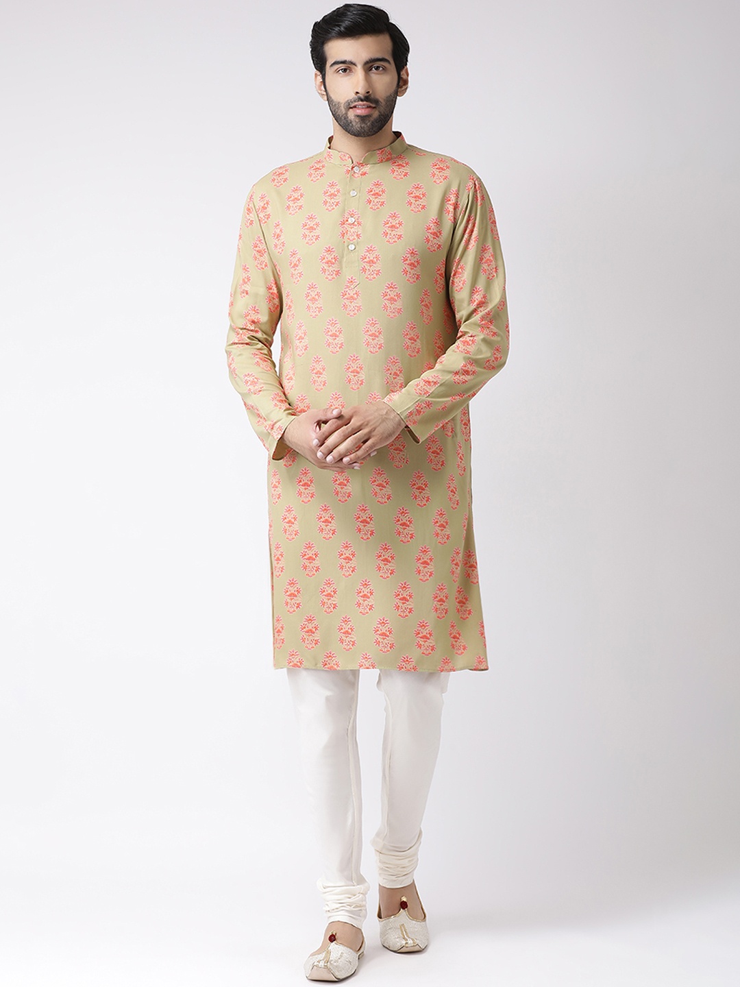 

KISAH Men Green & Pink Printed Straight Kurta