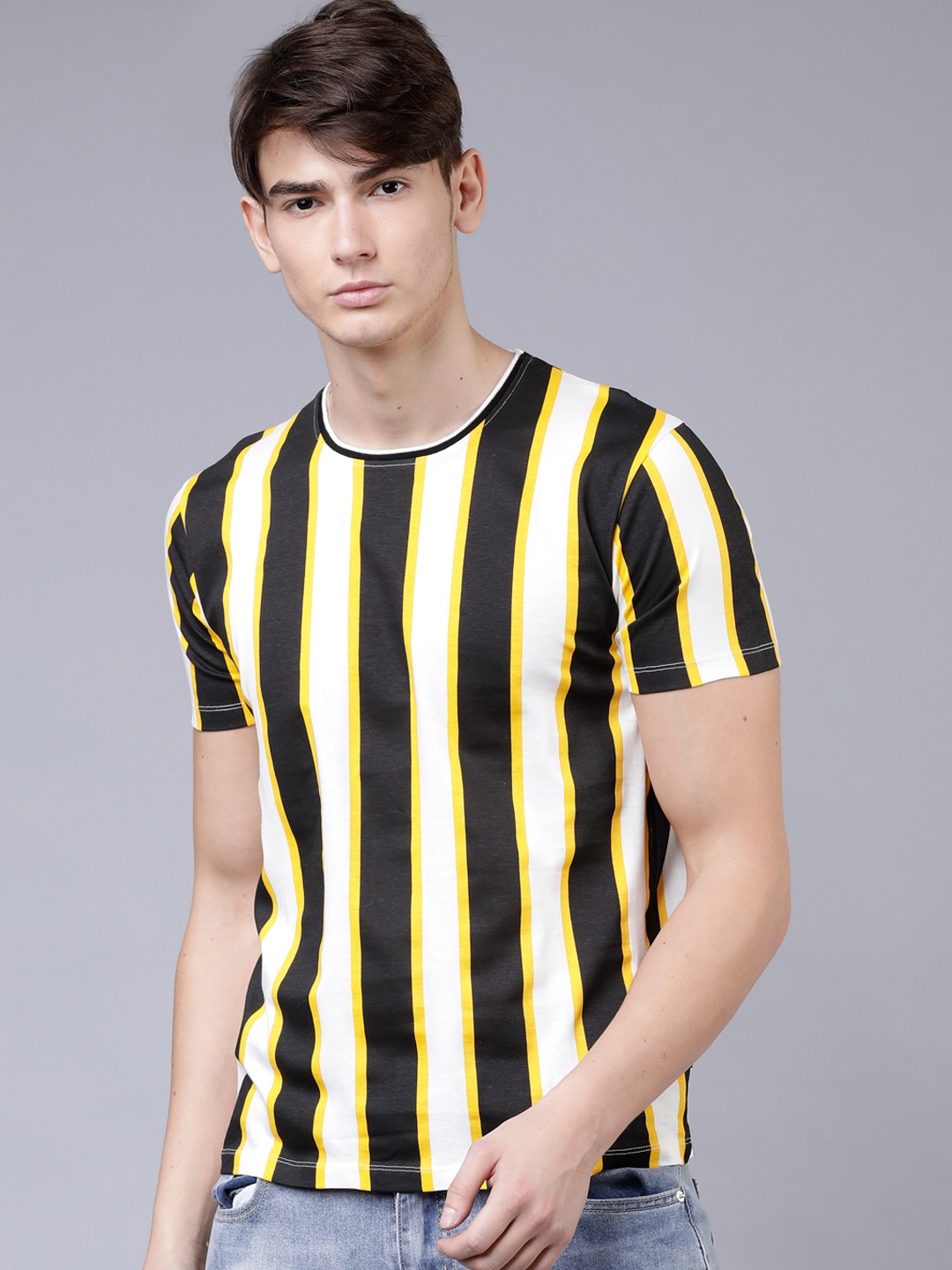 

LOCOMOTIVE Men White Striped Round Neck T-shirt