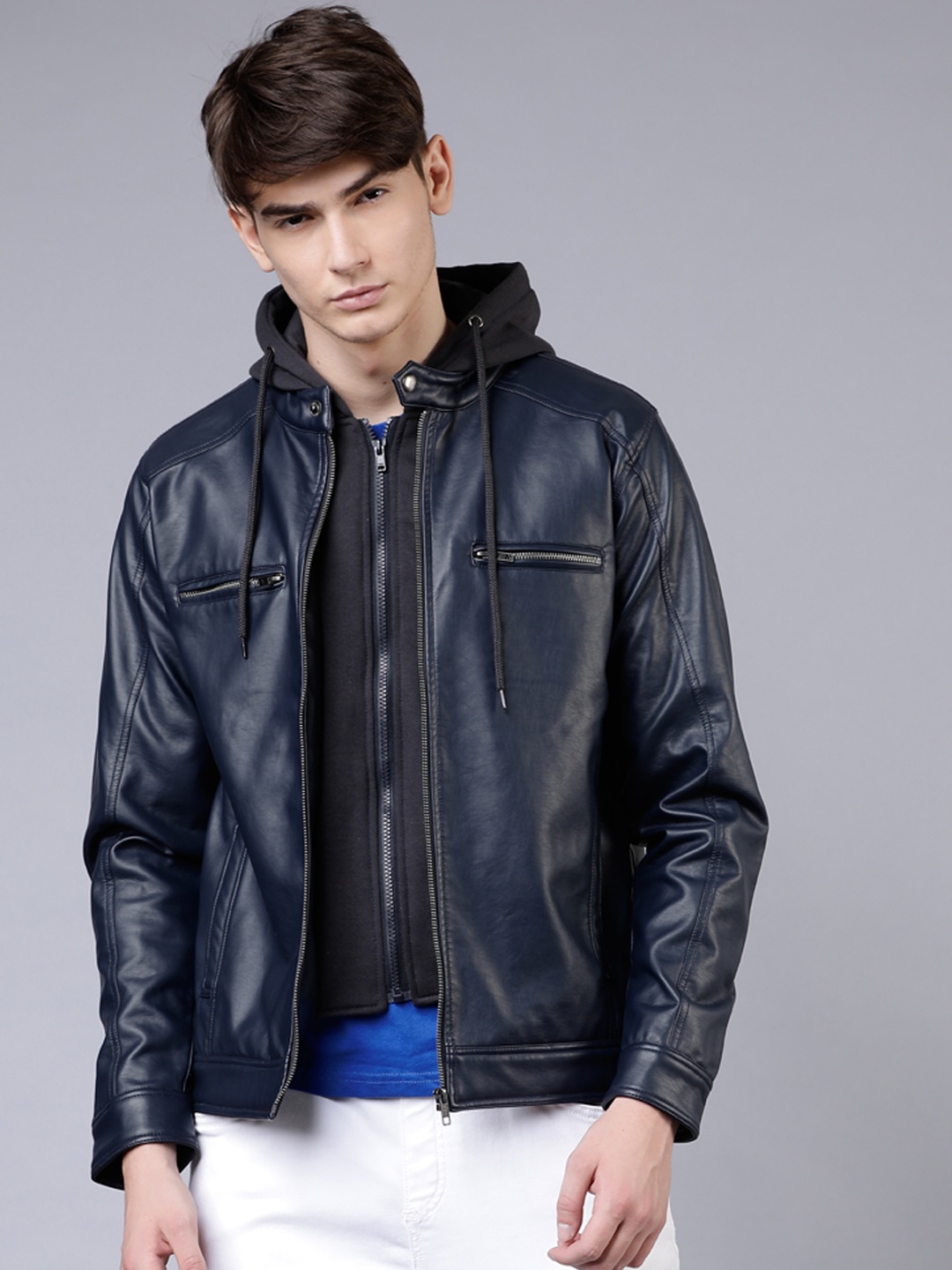 

HIGHLANDER Men Navy Blue Solid Biker Jacket