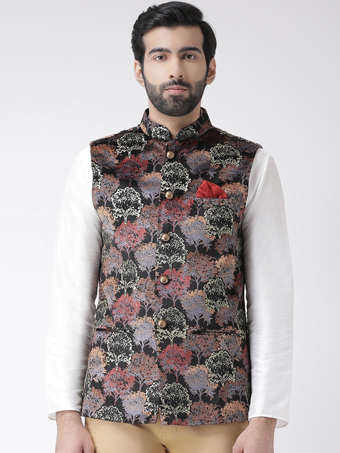 

KISAH Men Black & Maroon Printed Nehru Jacket