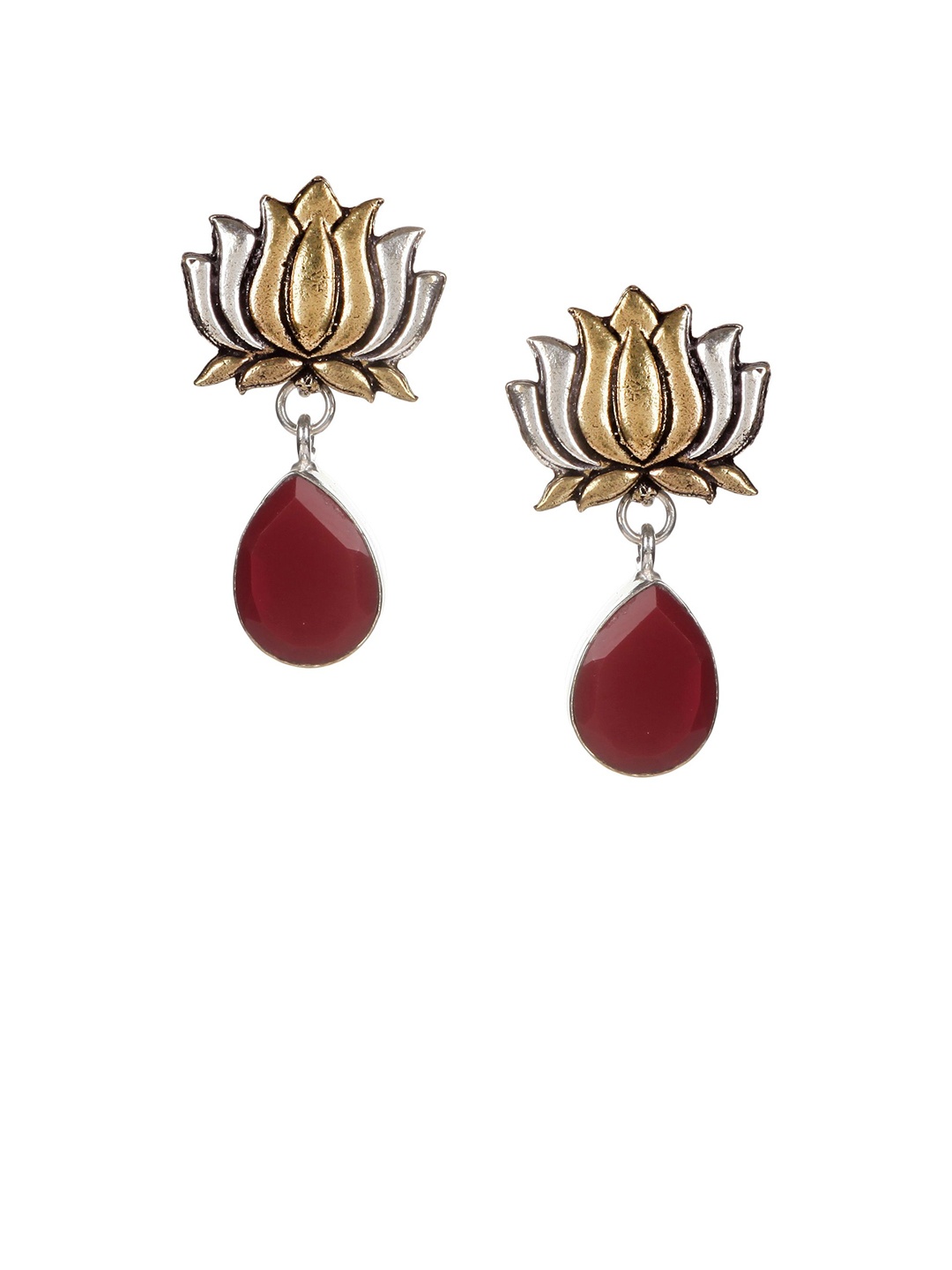 

Bamboo Tree Jewels Red & Gold-Toned Floral Drop Earrings