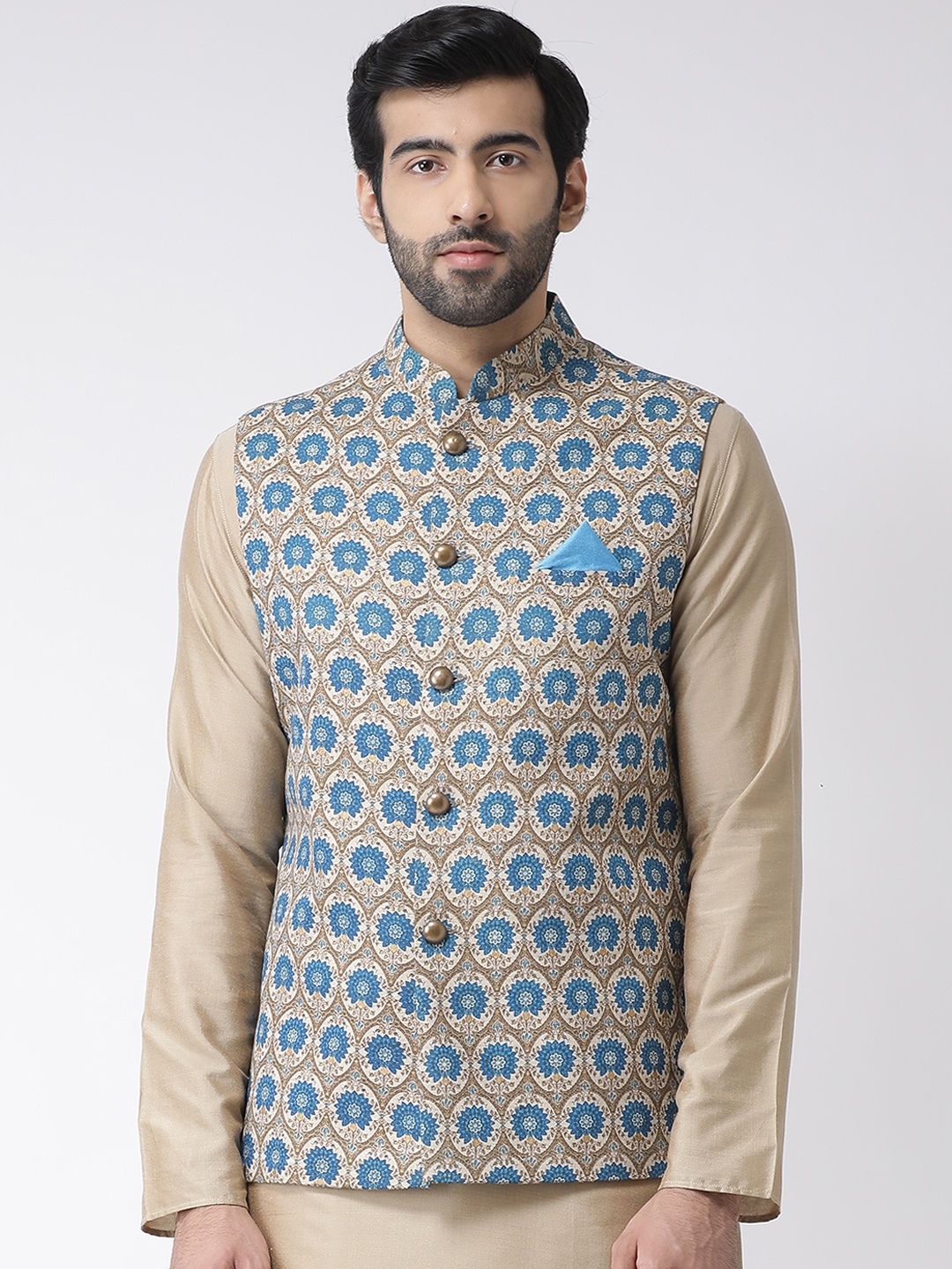 

KISAH Men Beige & Blue Printed Pure Cotton Nehru Jacket