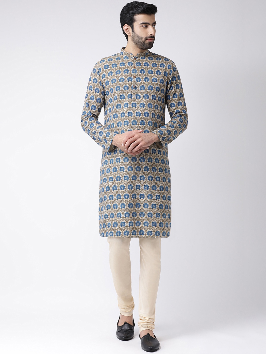 

KISAH Men Beige & Blue Printed Straight Kurta