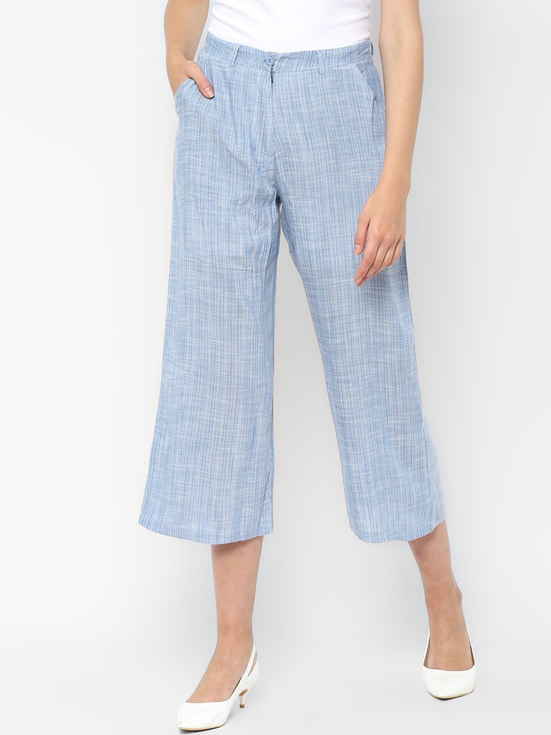 

People Women Blue & White Regular Fit Self Design Cropped Parallel Trousers