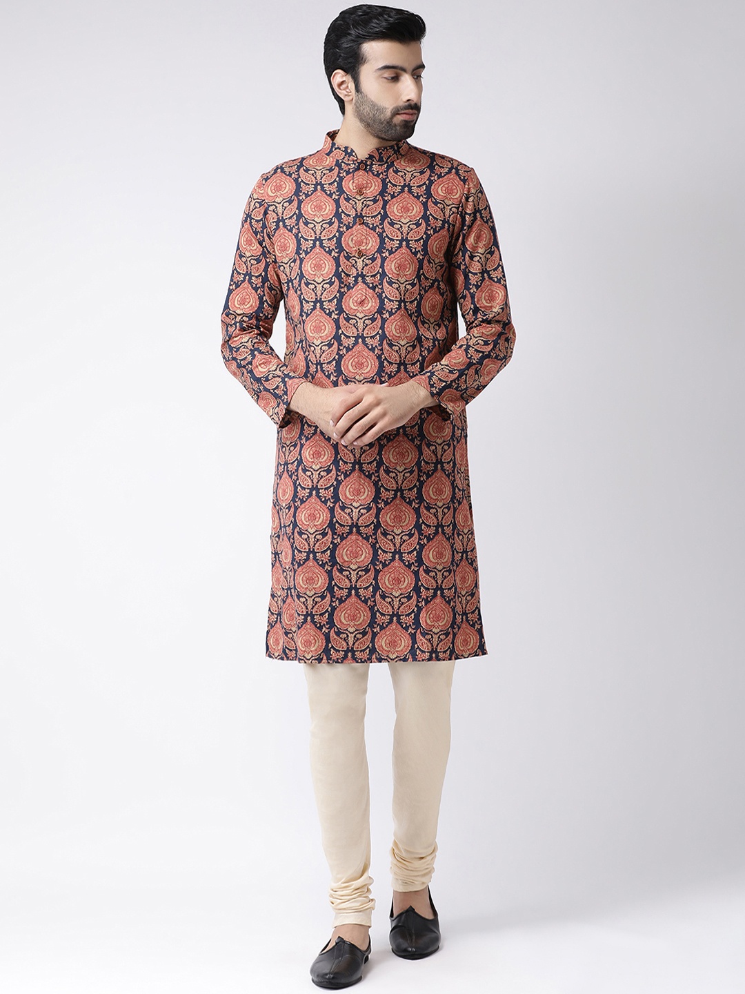 

KISAH Men Navy Blue & Pink Printed Straight Kurta