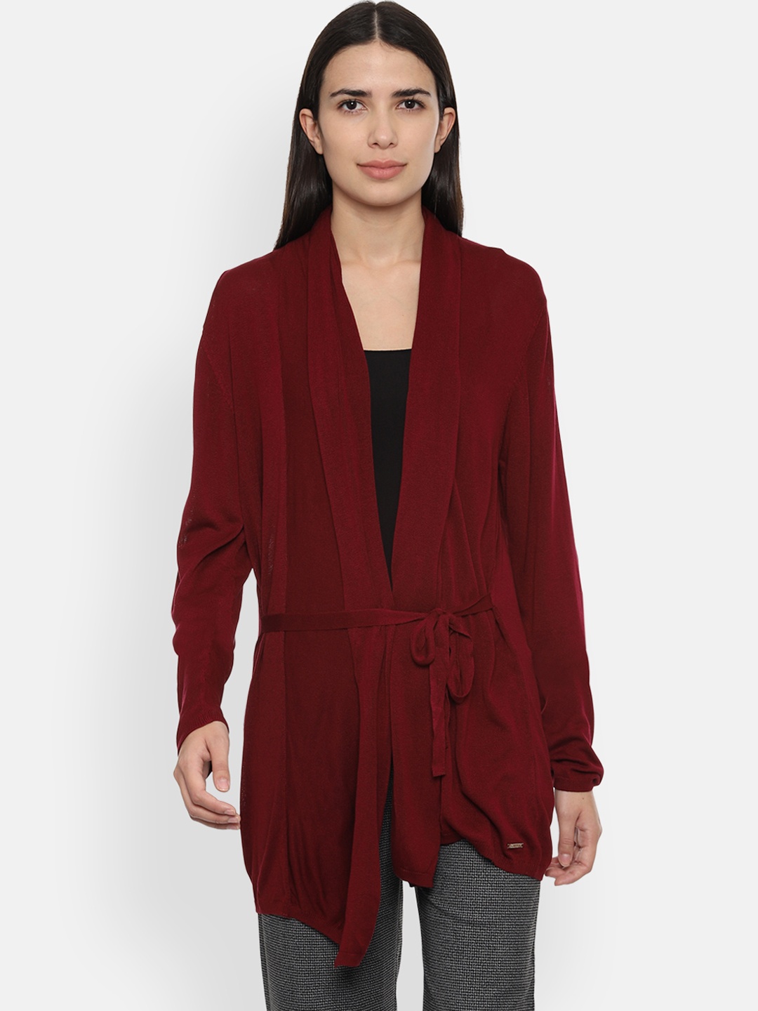 Van Heusen Woman Maroon Solid Tie-Up Shrug