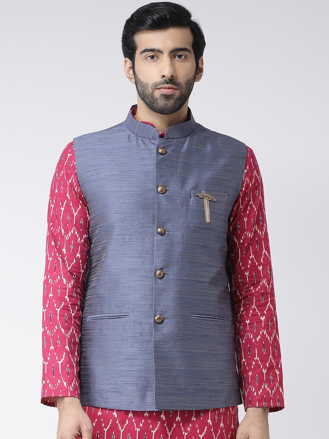 

KISAH Men Grey Melange Printed Nehru Jacket