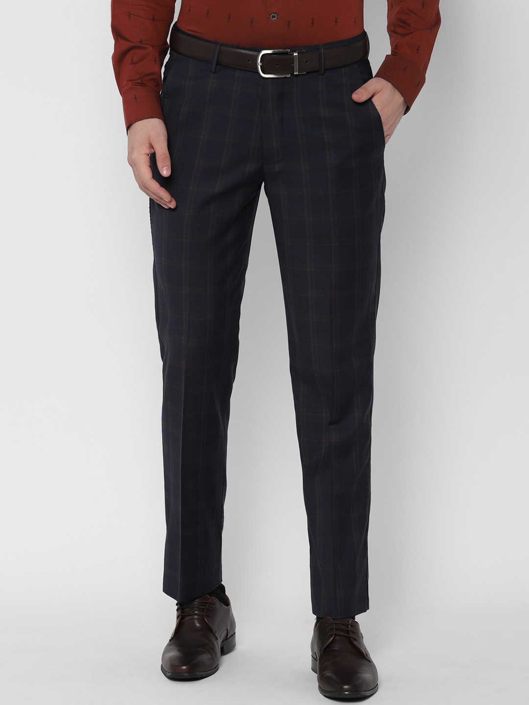 

SIMON CARTER LONDON Men Navy Blue Slim Fit Checked Formal Trousers