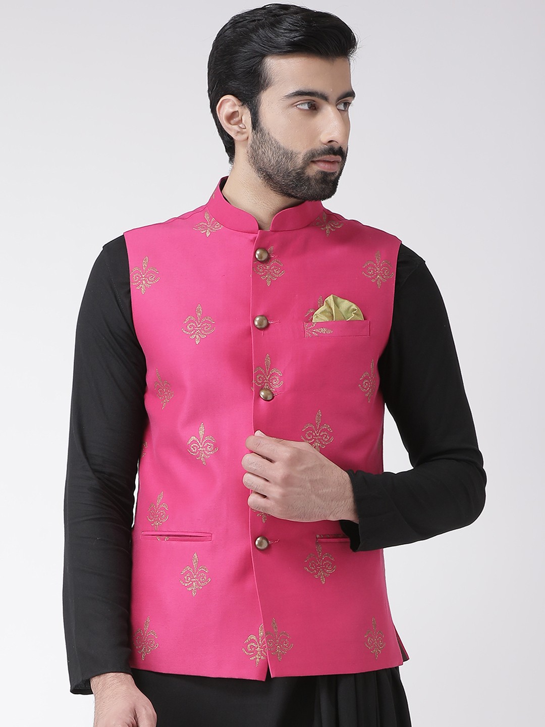 

KISAH Men Magenta & Gold-Toned Printed Nehru Jacket